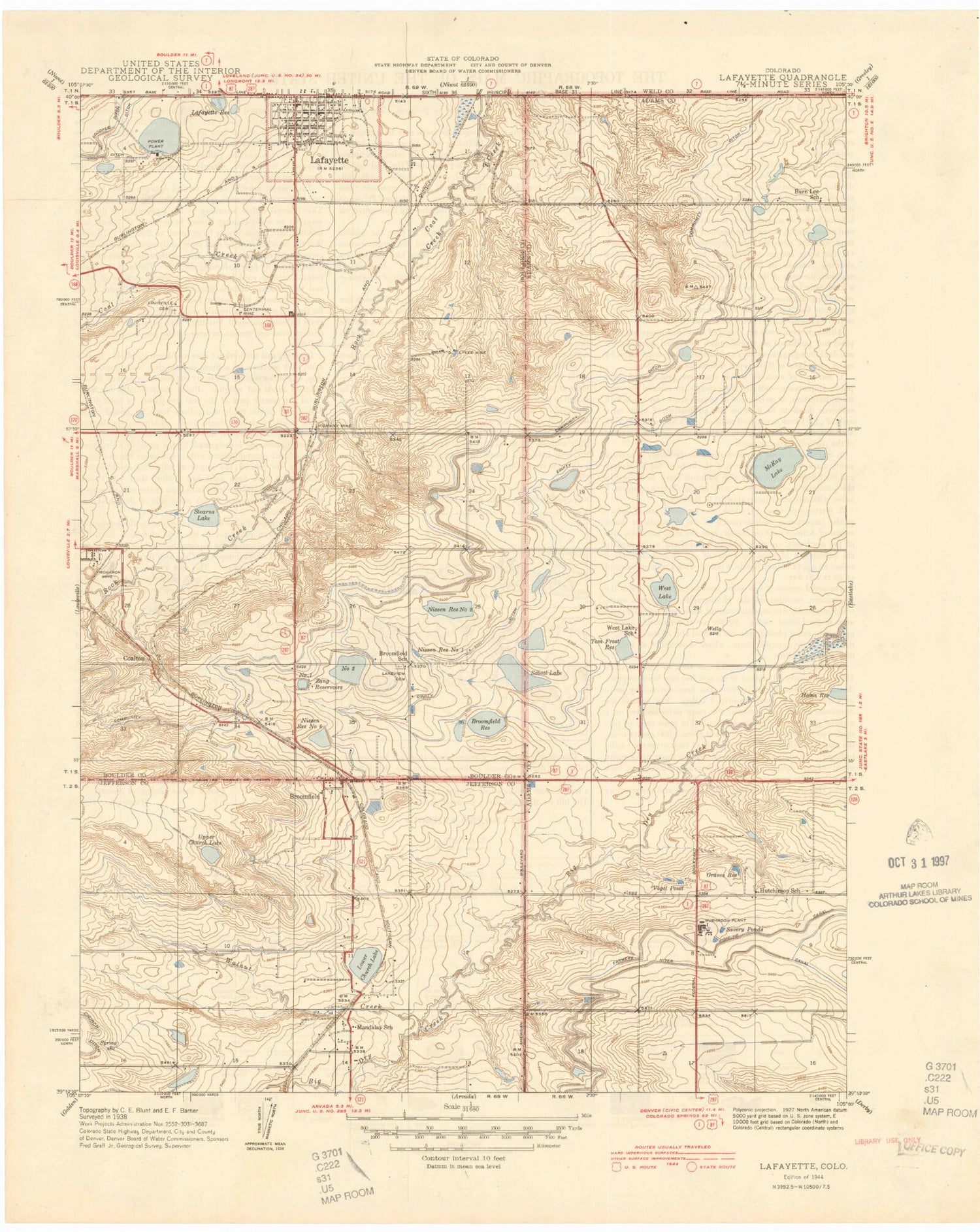 Classic USGS Lafayette Colorado 7.5'x7.5' Topo Map Image