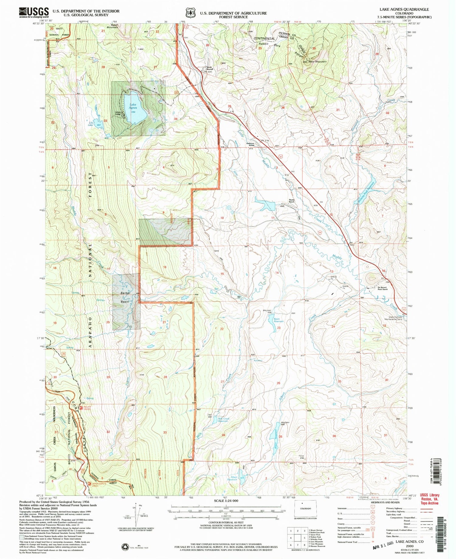 Classic USGS Lake Agnes Colorado 7.5'x7.5' Topo Map Image