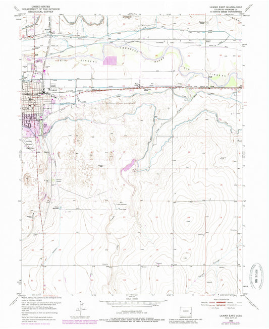 Classic USGS Lamar East Colorado 7.5'x7.5' Topo Map Image