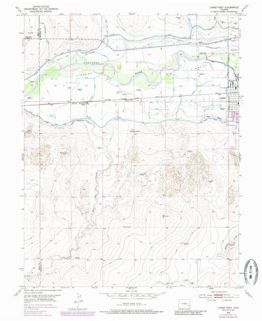 Classic USGS Lamar West Colorado 7.5'x7.5' Topo Map Image