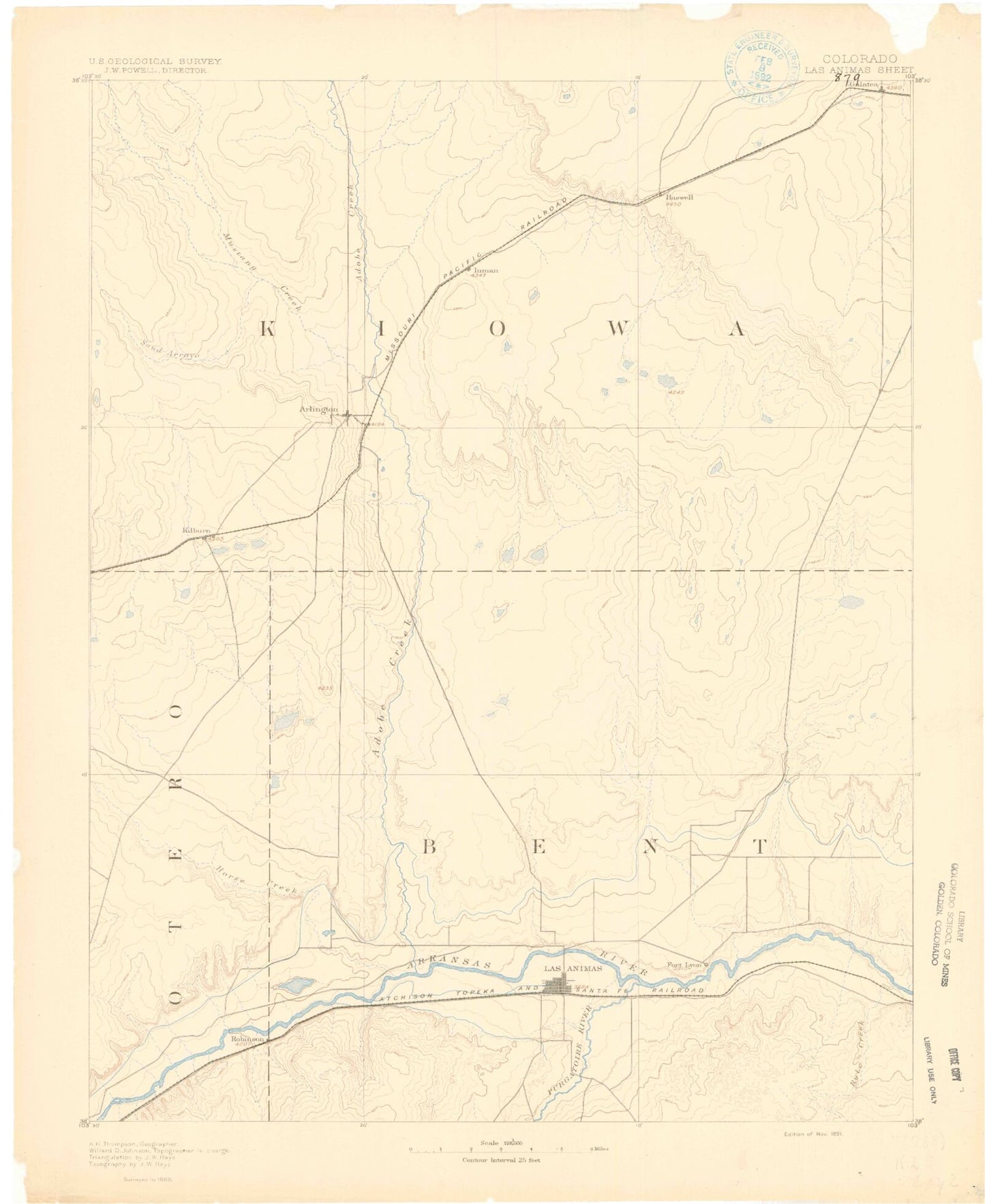 Historic 1891 Las Animas Colorado 30'x30' Topo Map Image