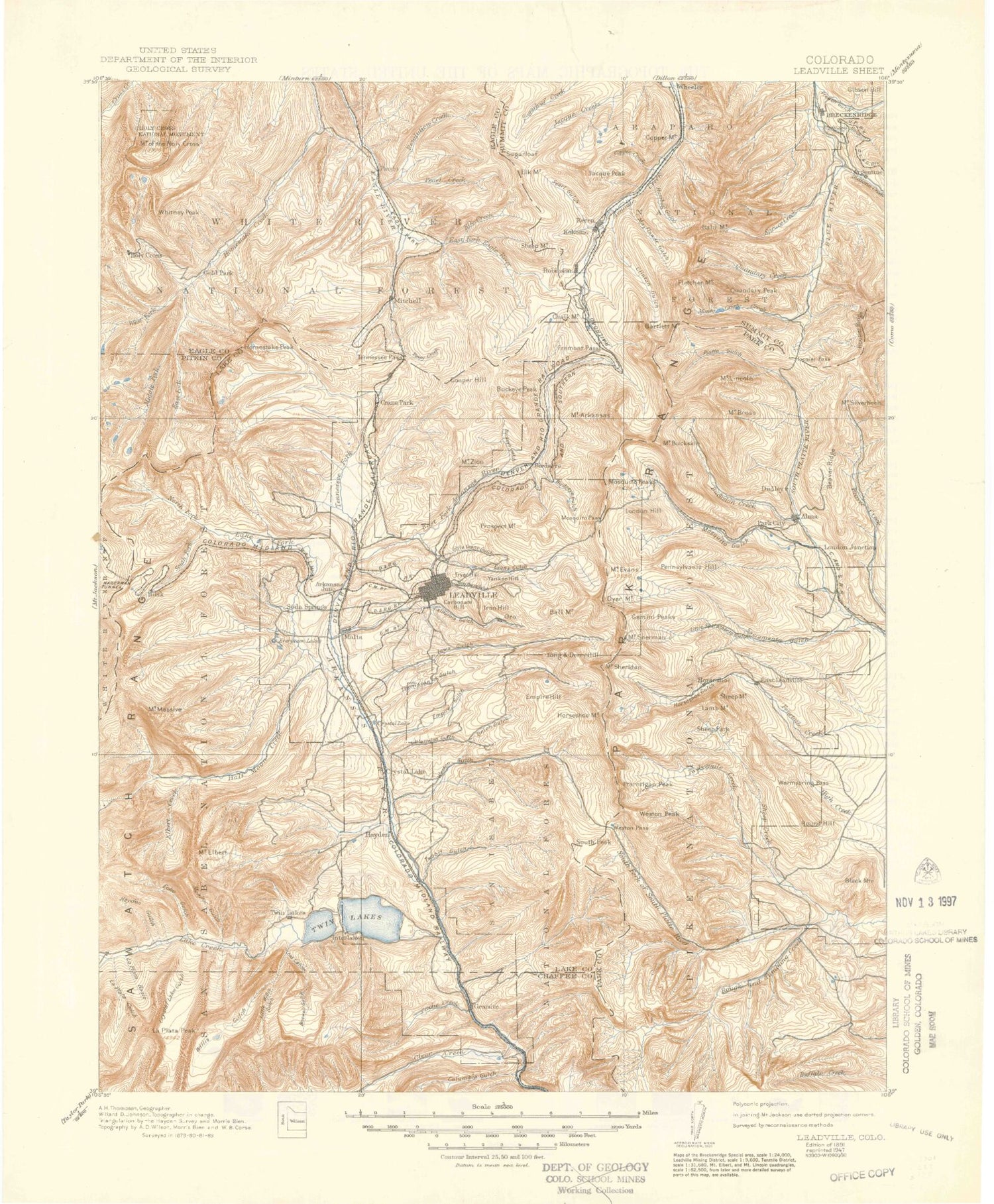 Historic 1891 Leadville Colorado 30'x30' Topo Map Image
