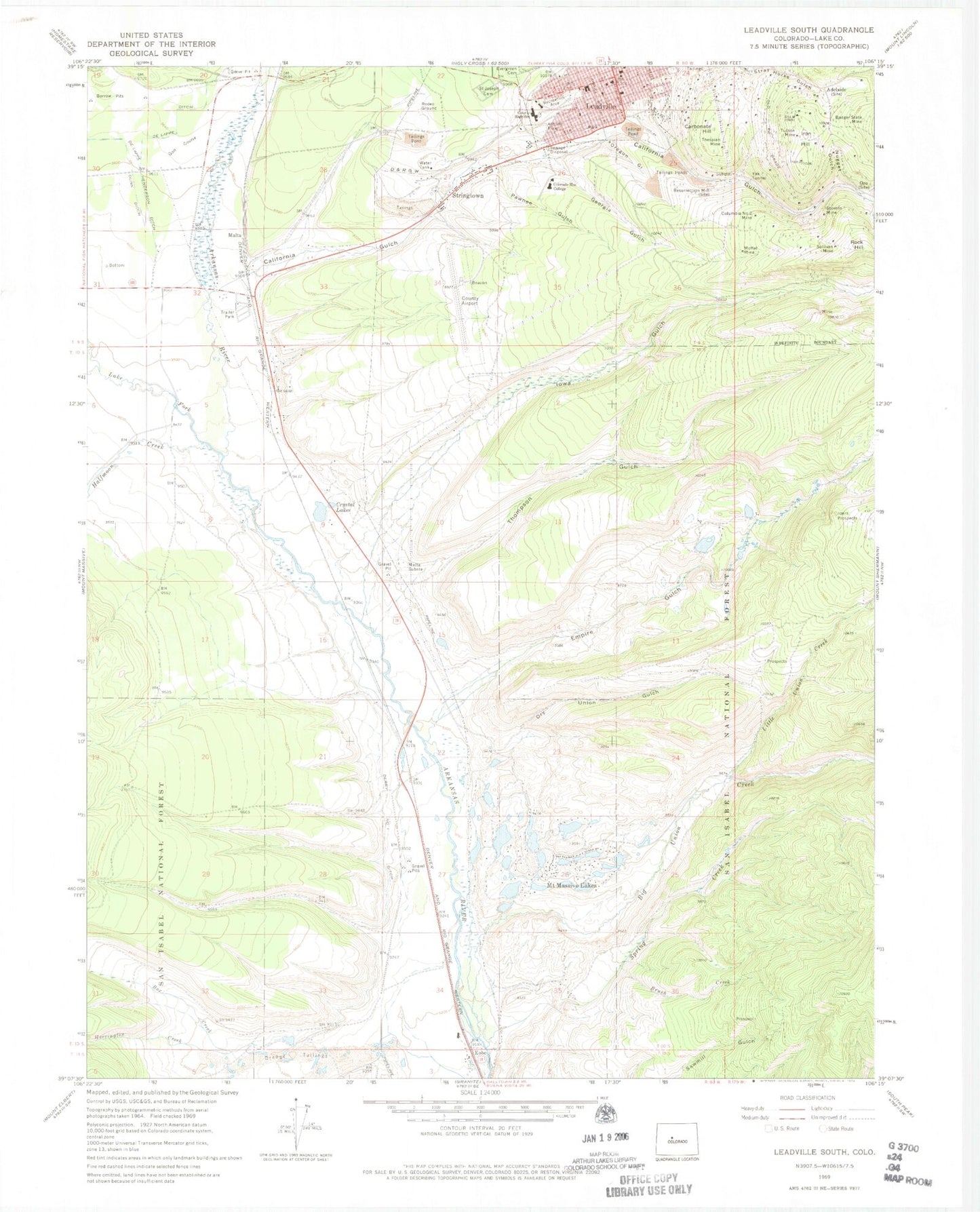 Classic USGS Leadville South Colorado 7.5'x7.5' Topo Map Image