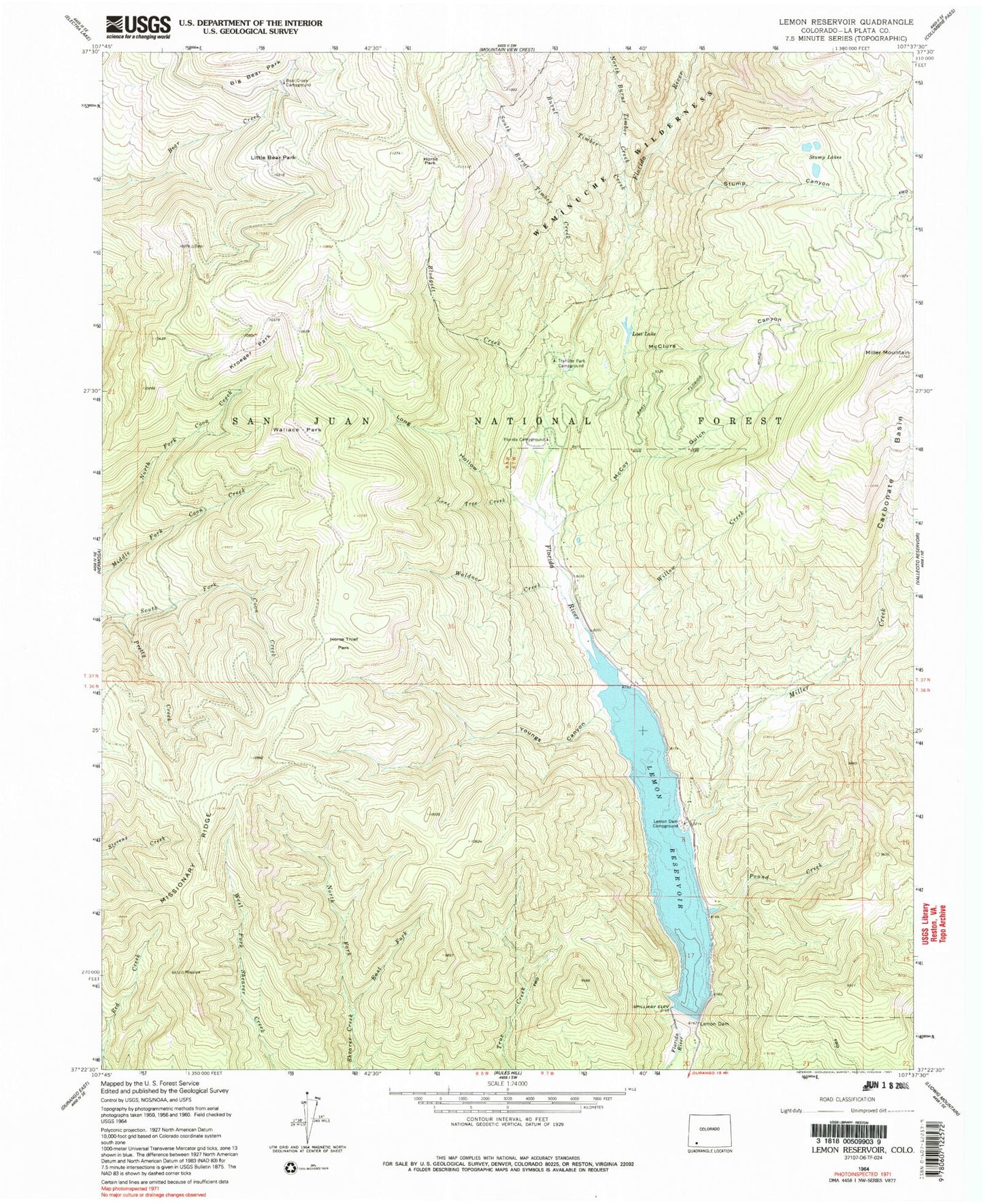 Classic USGS Lemon Reservoir Colorado 7.5'x7.5' Topo Map Image