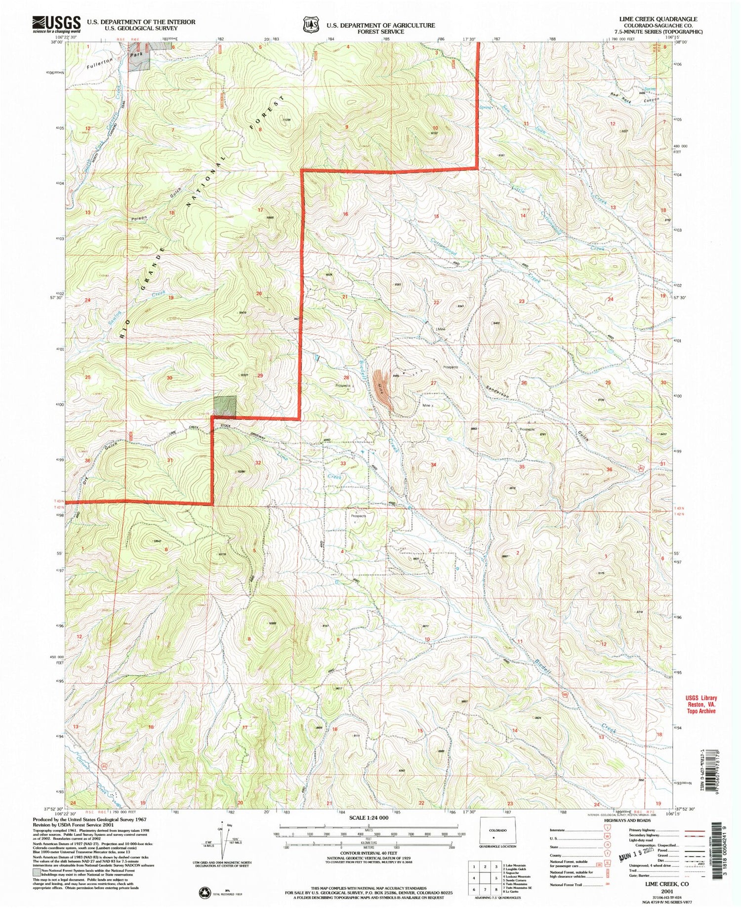 Classic USGS Lime Creek Colorado 7.5'x7.5' Topo Map Image