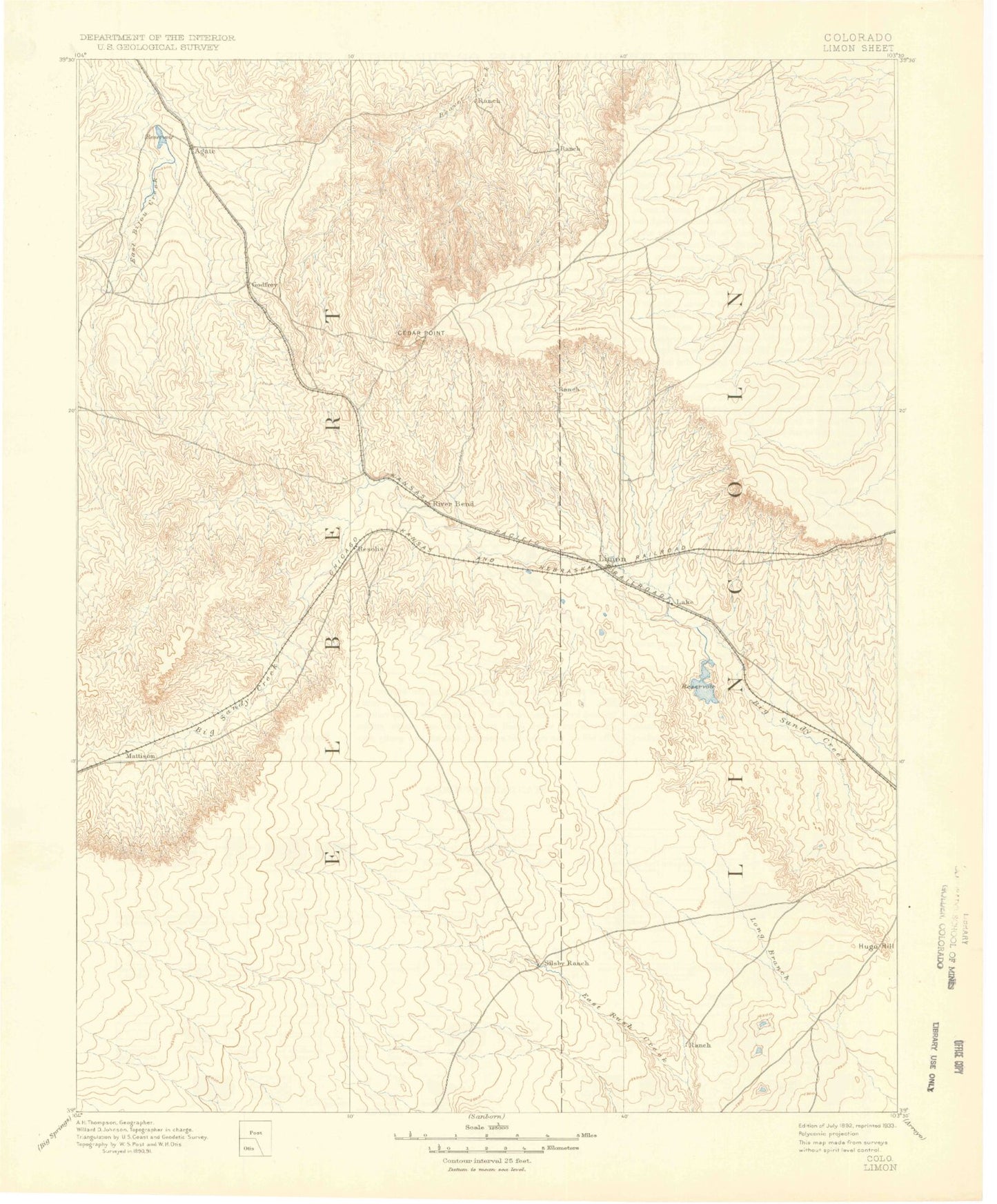 Historic 1892 Limon Colorado 30'x30' Topo Map Image