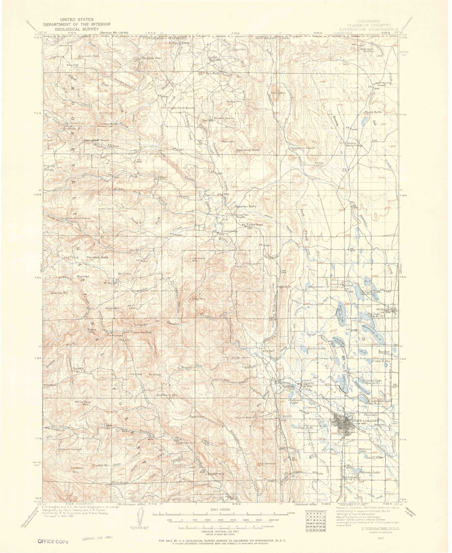 Historic 1907 Livermore Colorado 30'x30' Topo Map Image