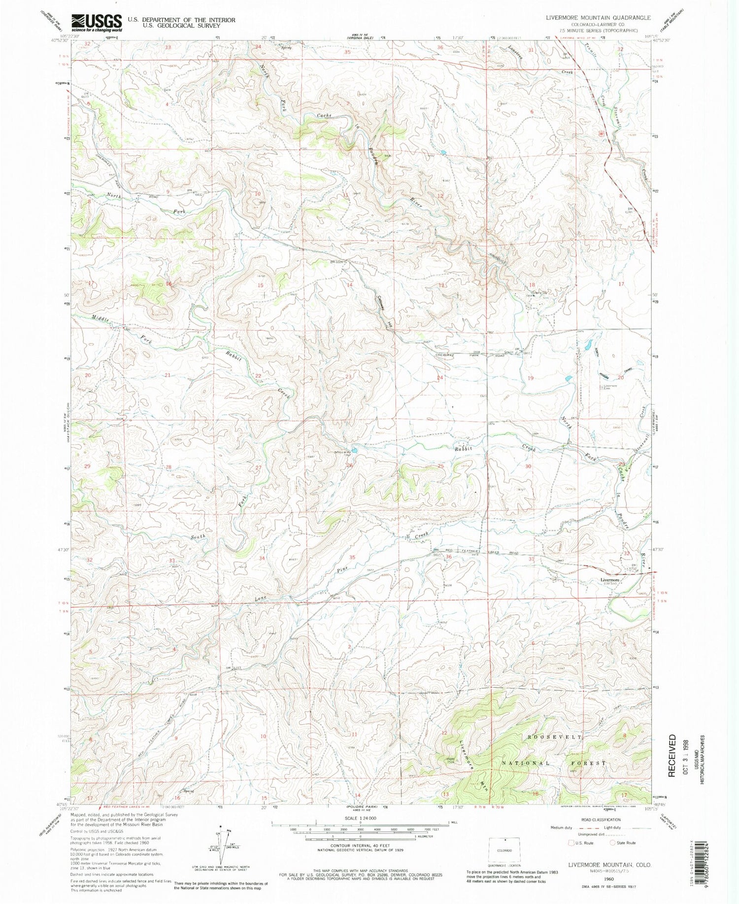 Classic USGS Livermore Mountain Colorado 7.5'x7.5' Topo Map Image