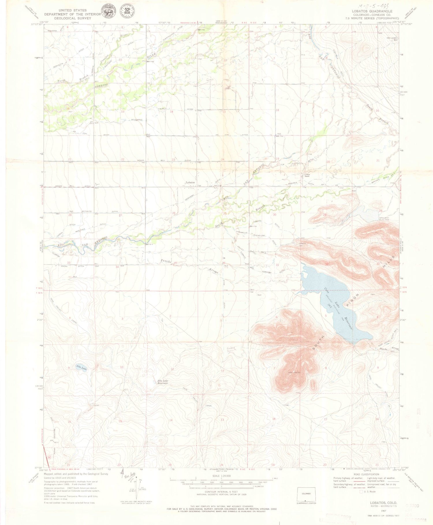 Classic USGS Lobatos Colorado 7.5'x7.5' Topo Map Image