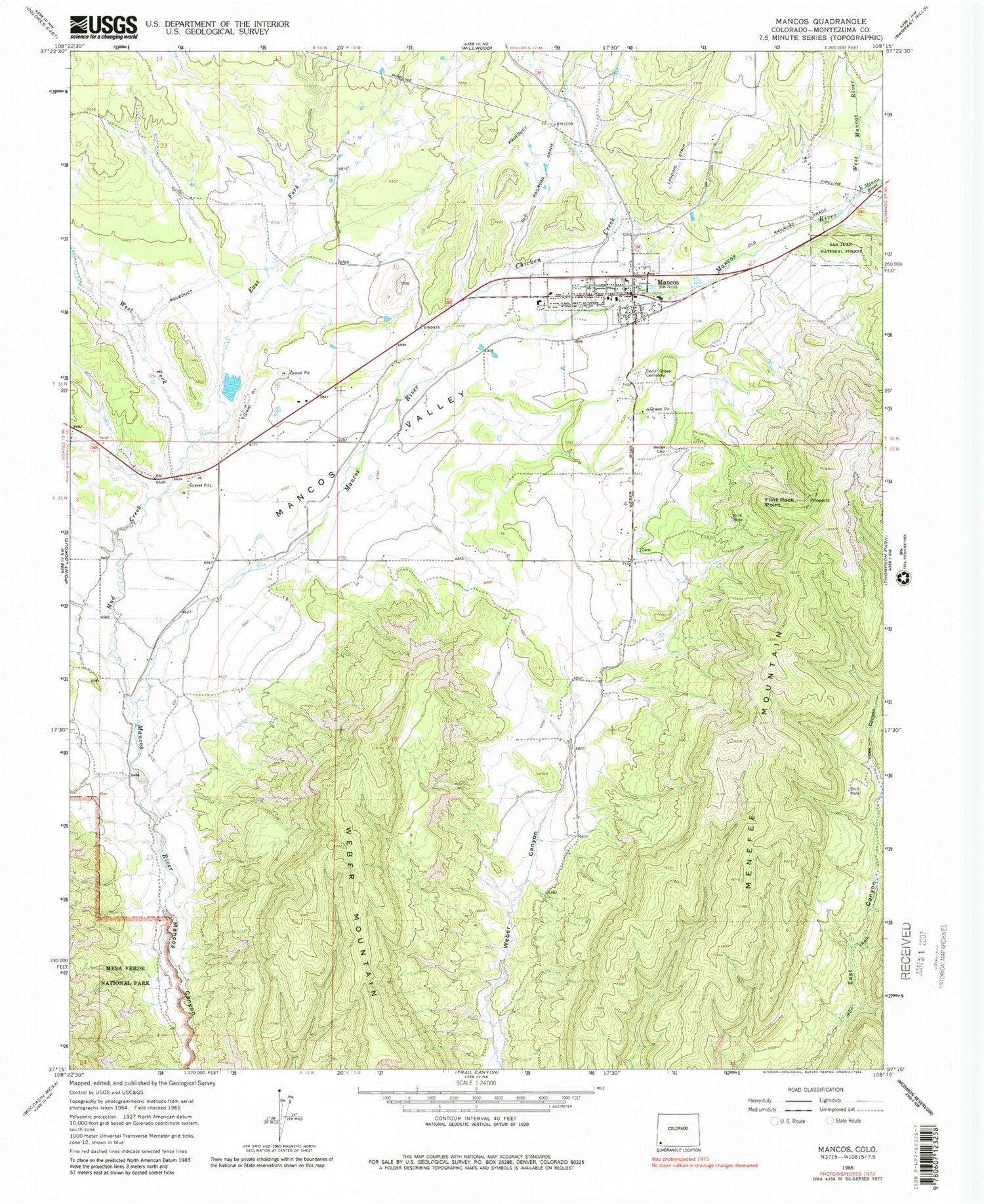Classic USGS Mancos Colorado 7.5'x7.5' Topo Map Image