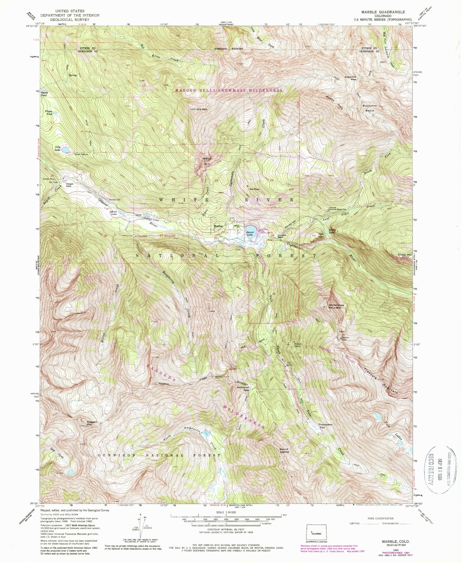 Classic USGS Marble Colorado 7.5'x7.5' Topo Map Image