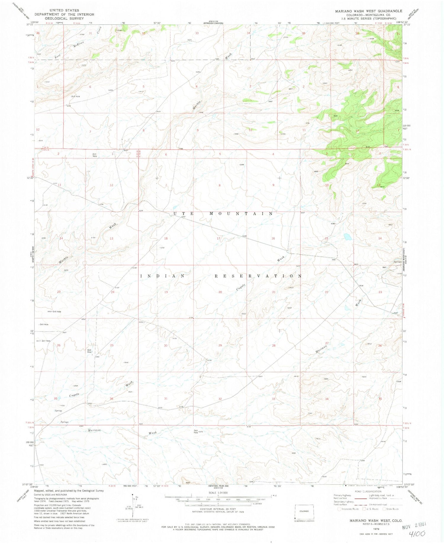 Classic USGS Mariano Wash West Colorado 7.5'x7.5' Topo Map Image