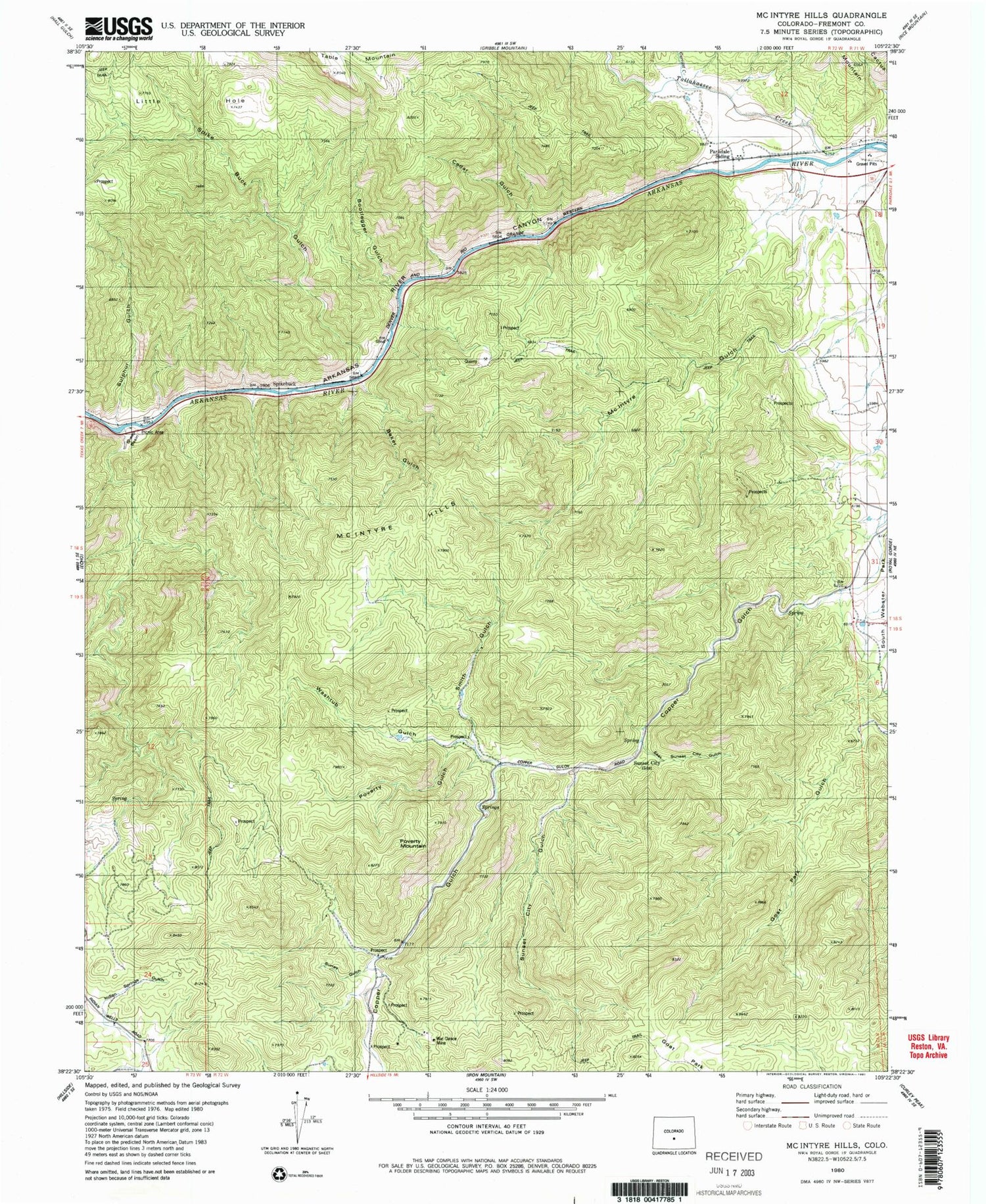 Classic USGS McIntyre Hills Colorado 7.5'x7.5' Topo Map Image