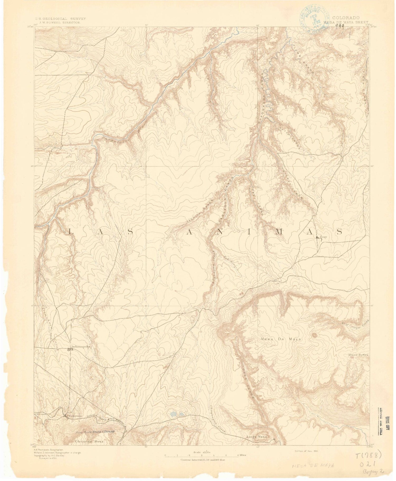 Historic 1891 Mesa De Maya Colorado 30'x30' Topo Map Image
