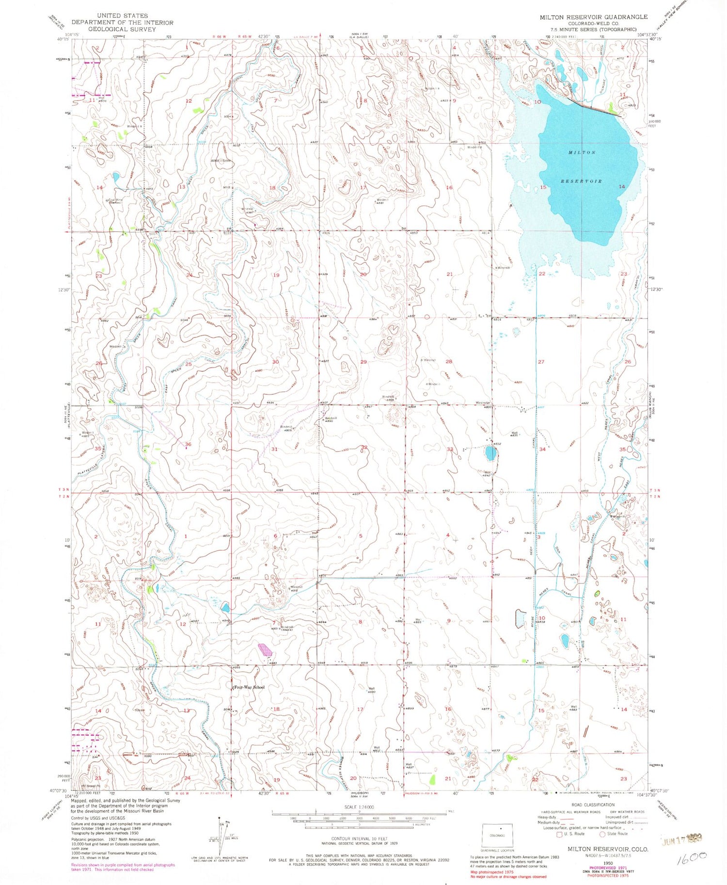 Classic USGS Milton Reservoir Colorado 7.5'x7.5' Topo Map Image