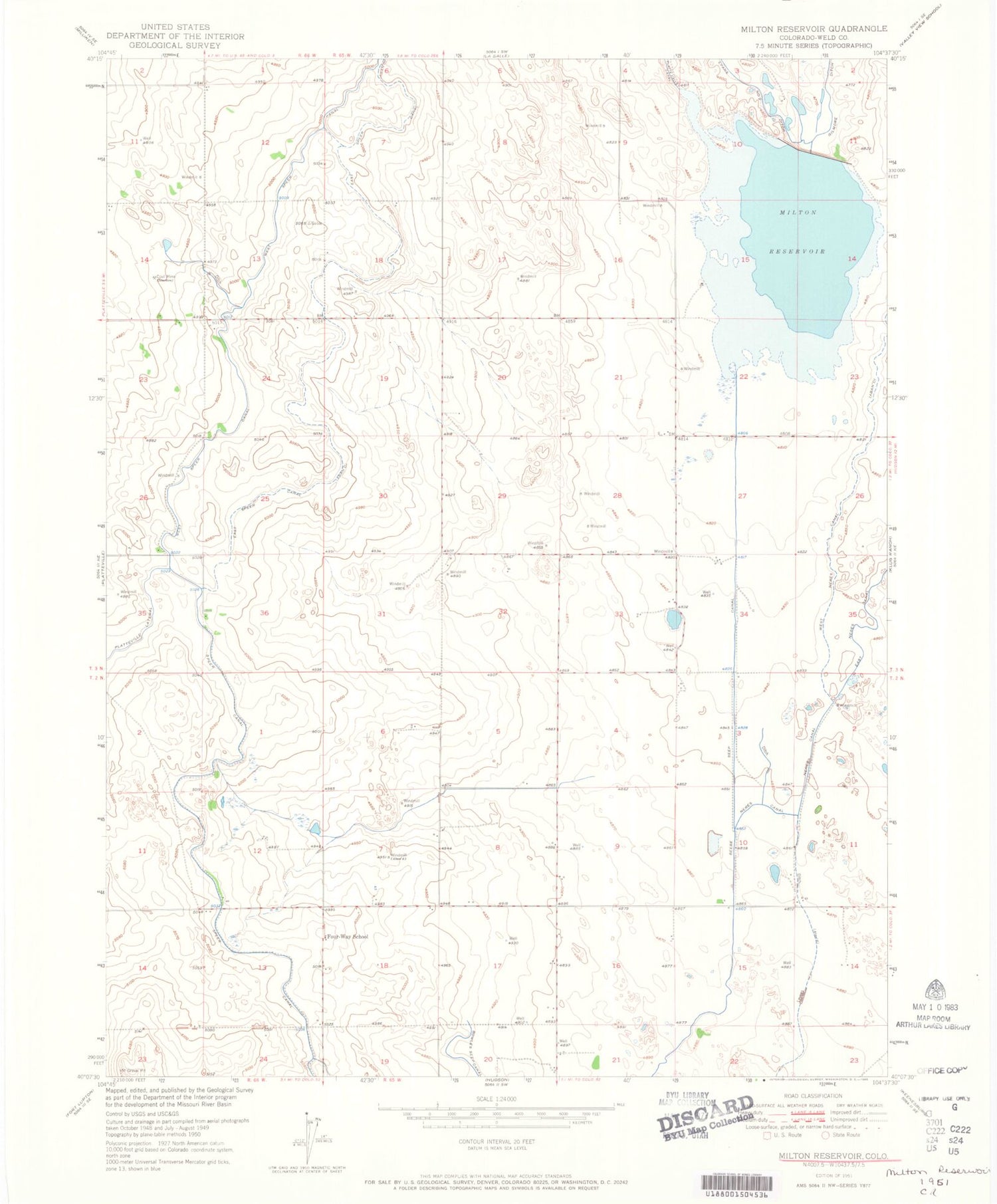 Classic USGS Milton Reservoir Colorado 7.5'x7.5' Topo Map Image