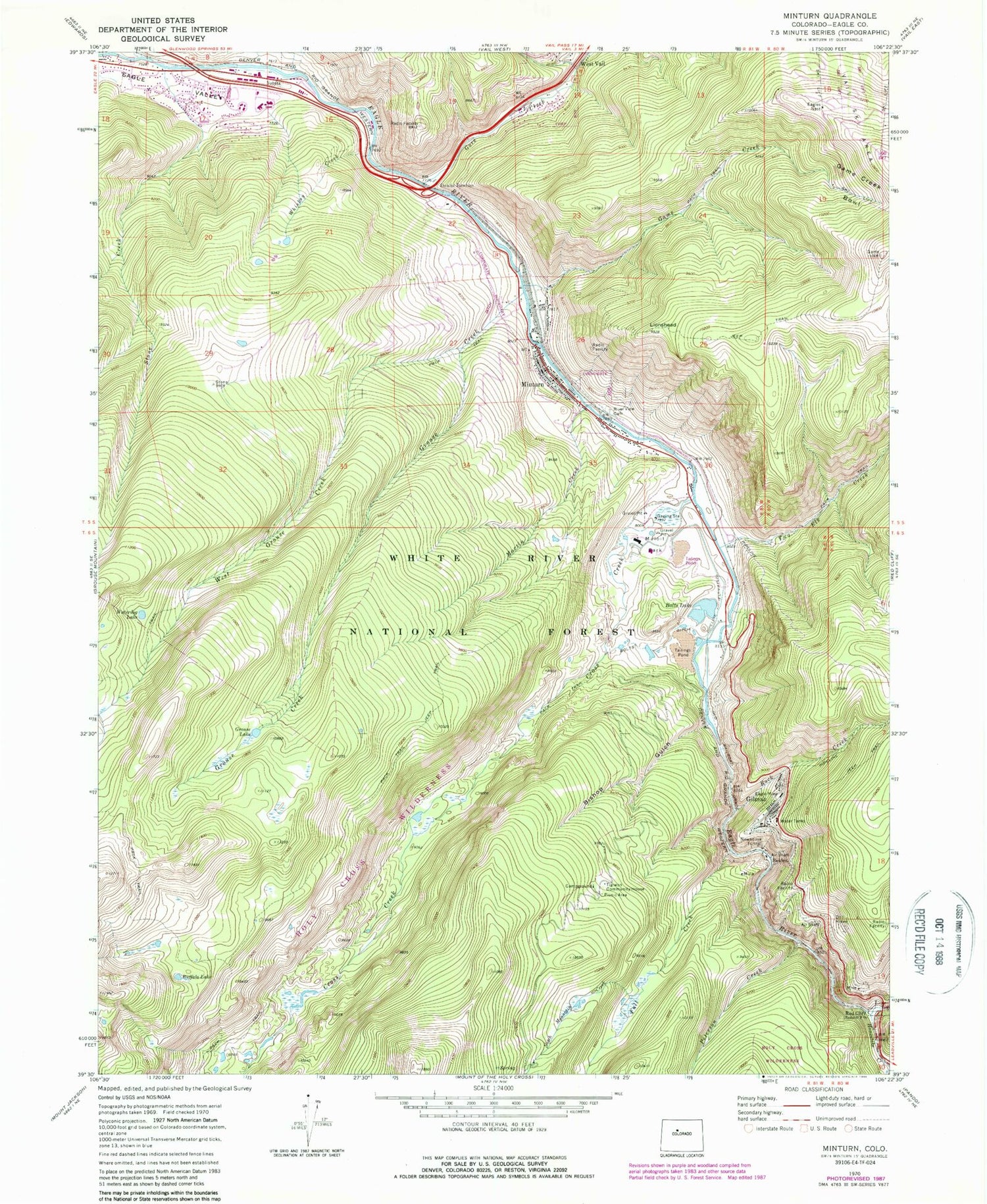 Classic USGS Minturn Colorado 7.5'x7.5' Topo Map Image