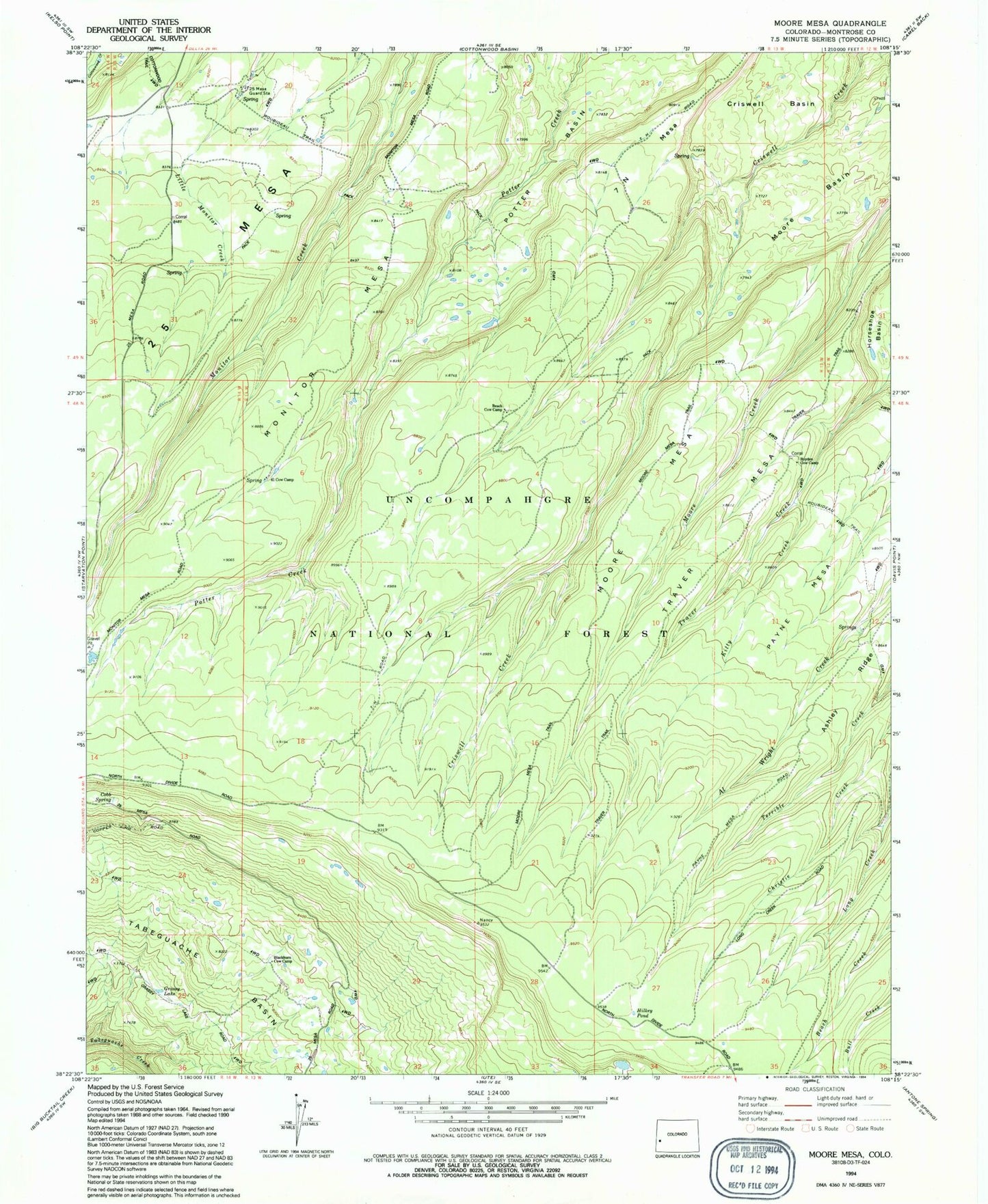 Classic USGS Moore Mesa Colorado 7.5'x7.5' Topo Map Image