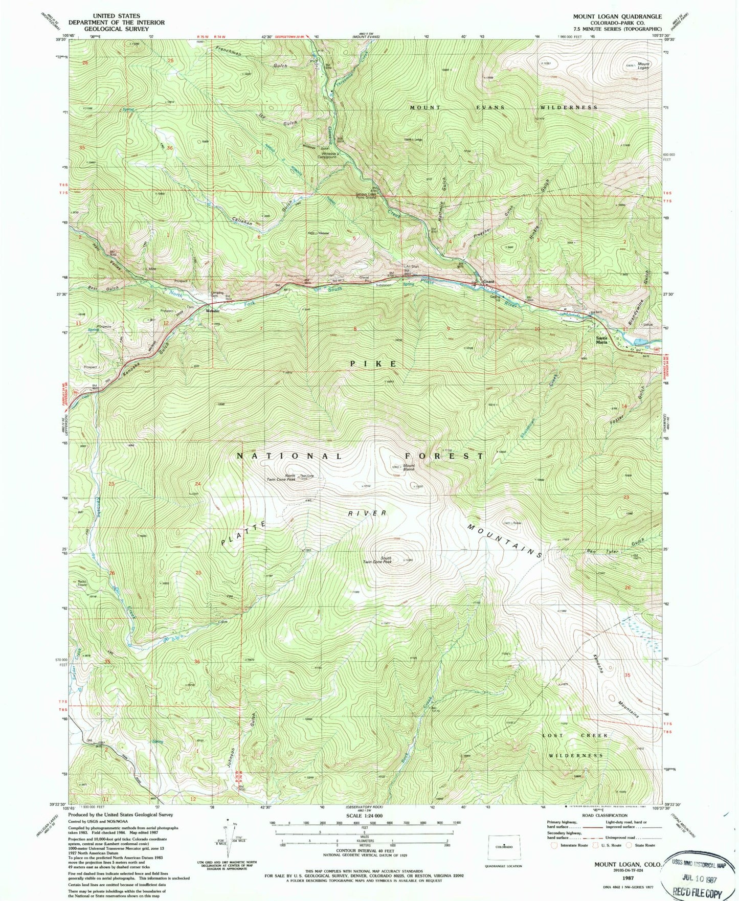 Classic USGS Mount Logan Colorado 7.5'x7.5' Topo Map Image