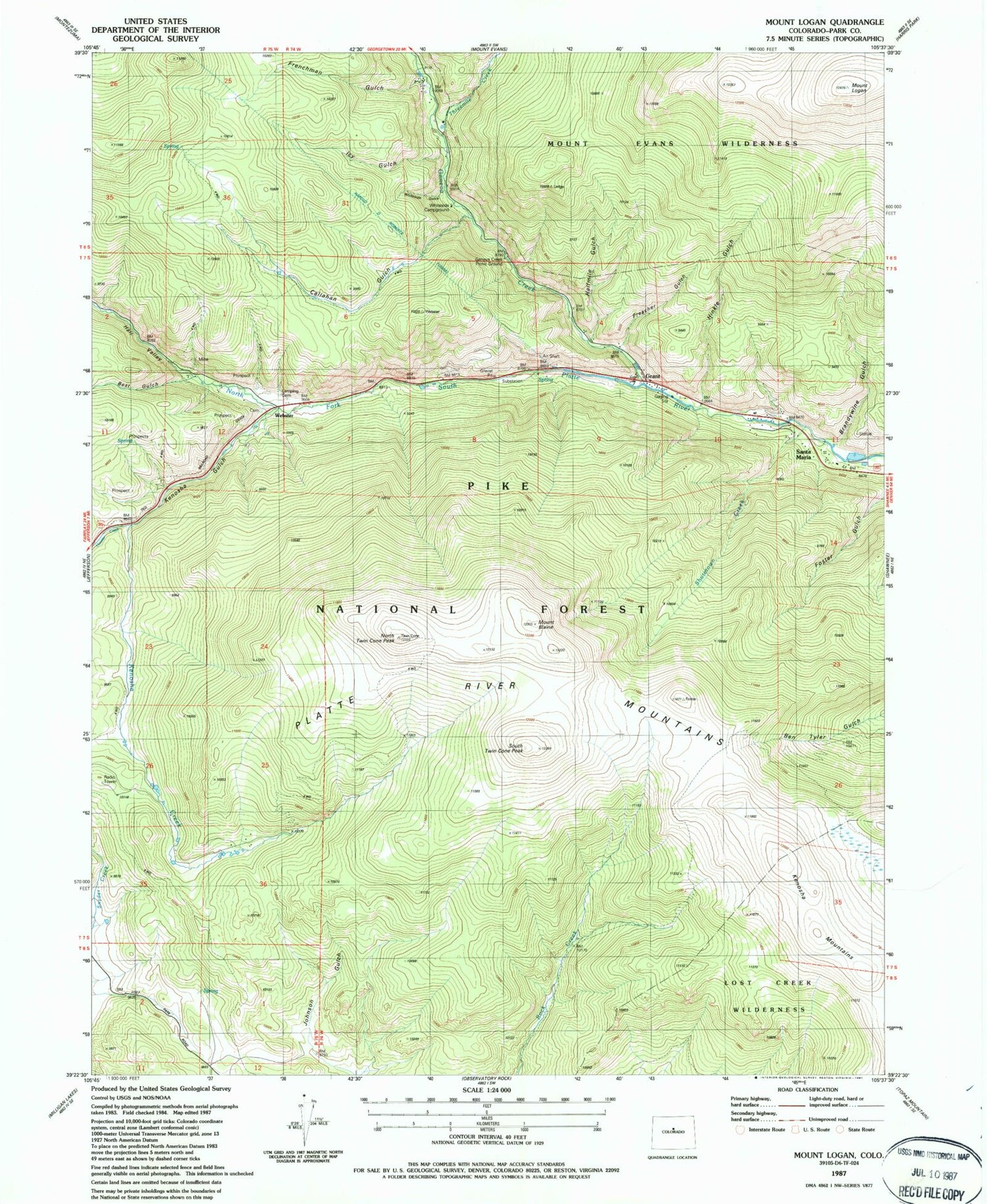Classic USGS Mount Logan Colorado 7.5'x7.5' Topo Map Image