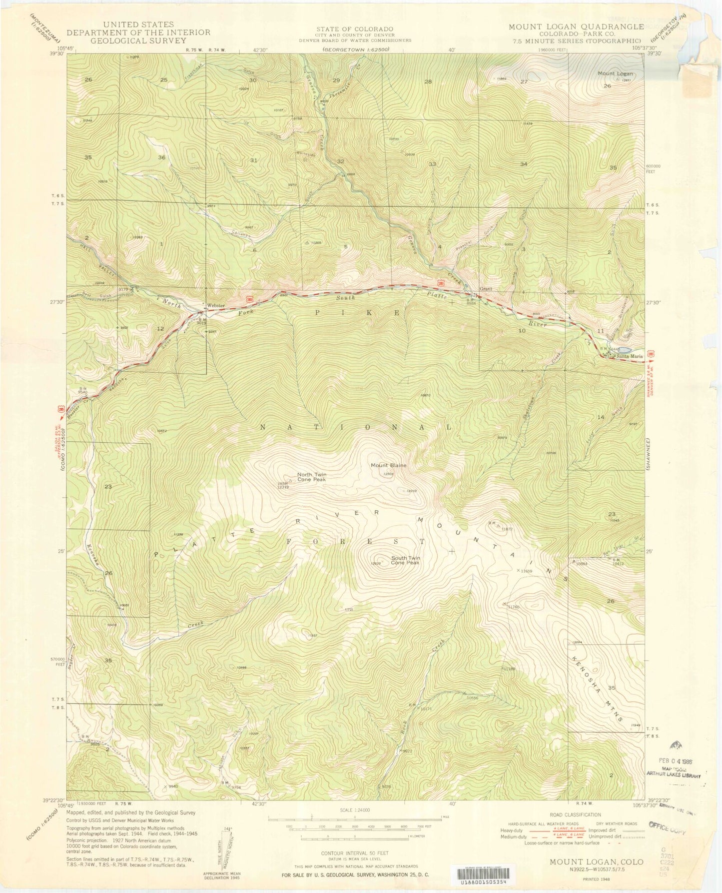 Classic USGS Mount Logan Colorado 7.5'x7.5' Topo Map Image