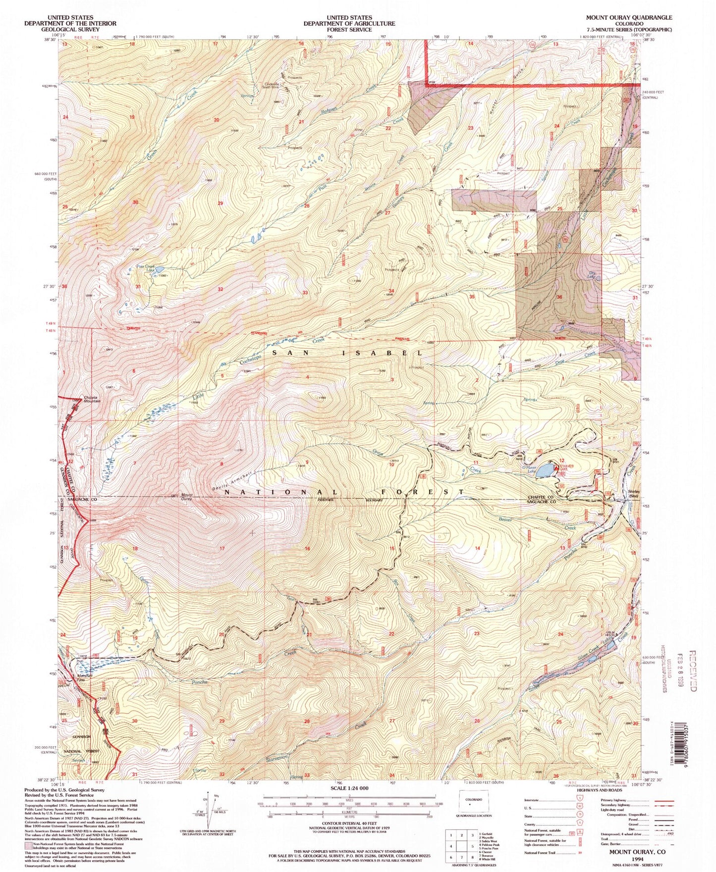 Classic USGS Mount Ouray Colorado 7.5'x7.5' Topo Map Image