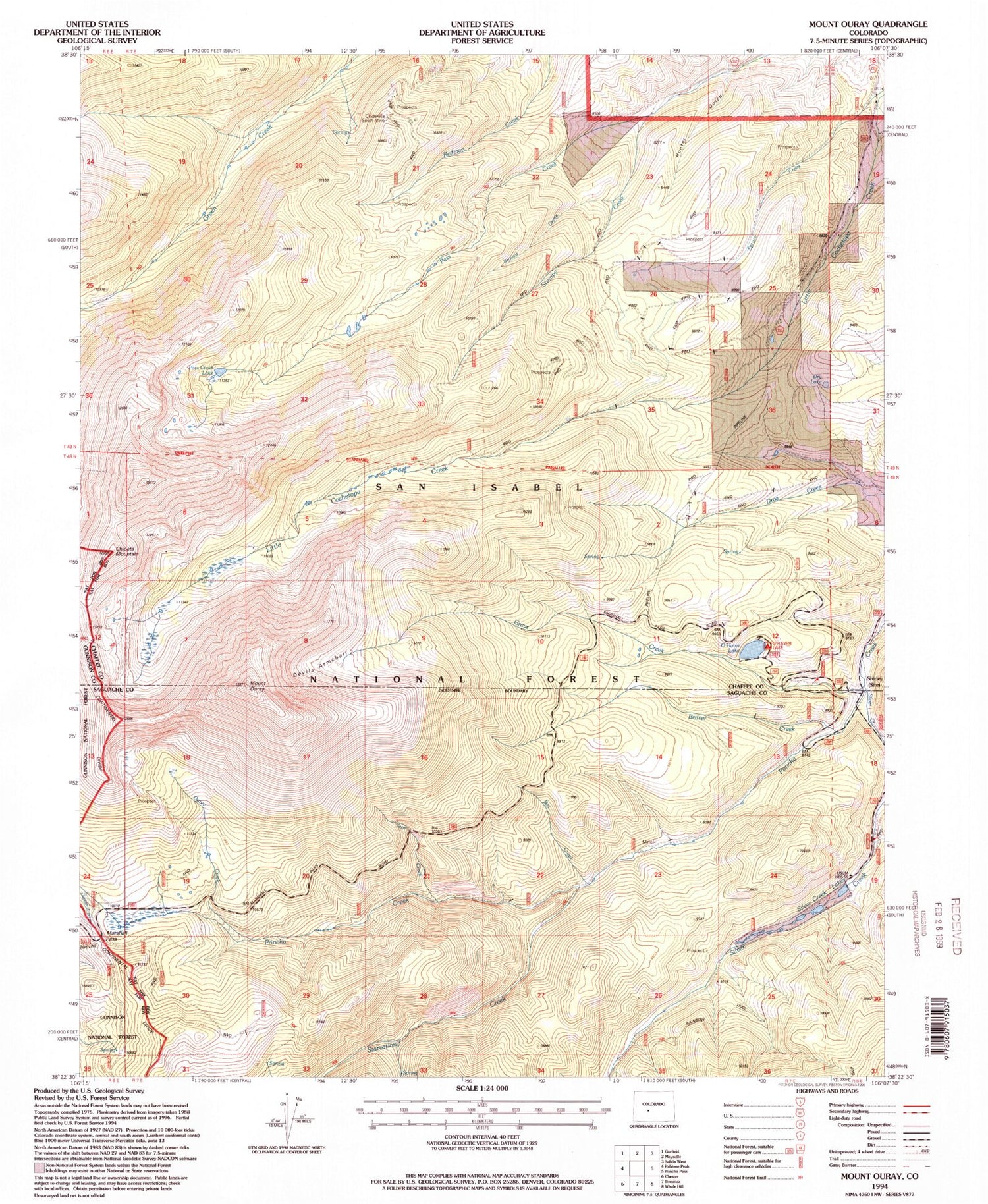 Classic USGS Mount Ouray Colorado 7.5'x7.5' Topo Map Image