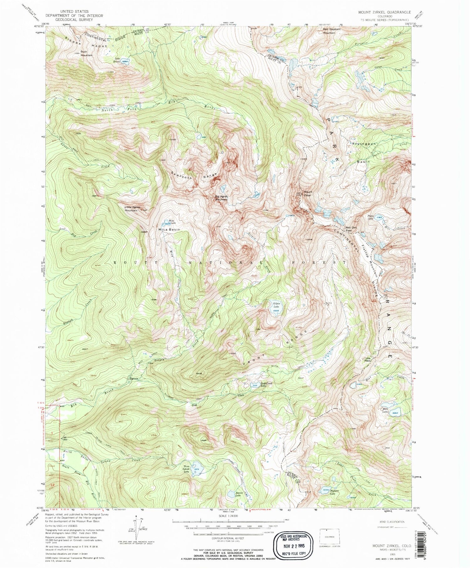 USGS Classic Mount Zirkel Colorado 7.5'x7.5' Topo Map Image