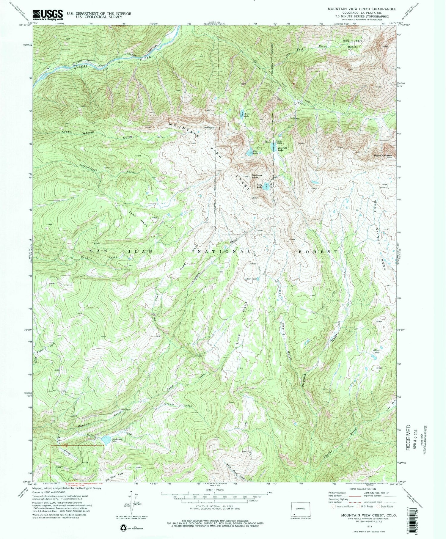 USGS Classic Mountain View Crest Colorado 7.5'x7.5' Topo Map Image