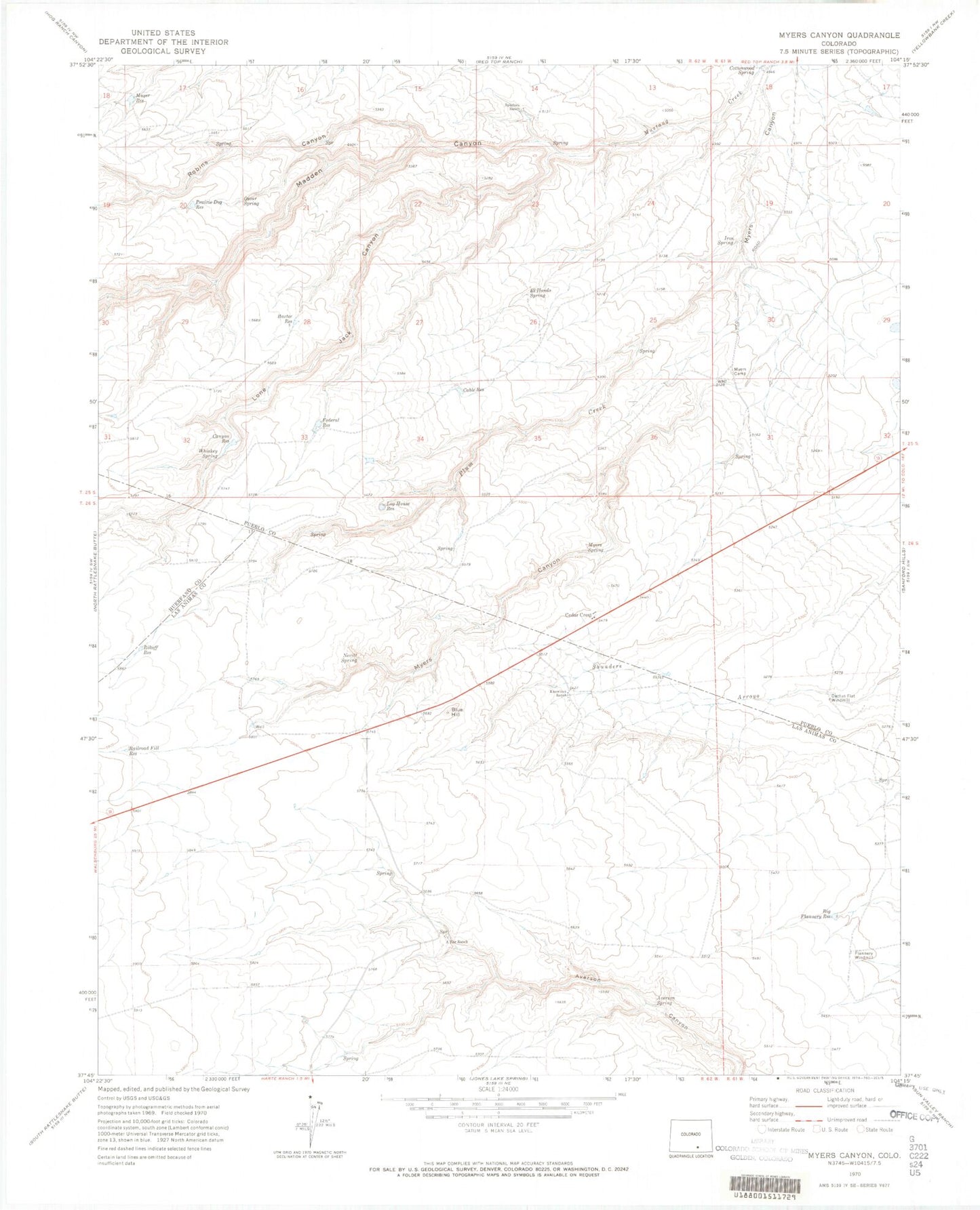 Classic USGS Myers Canyon Colorado 7.5'x7.5' Topo Map Image