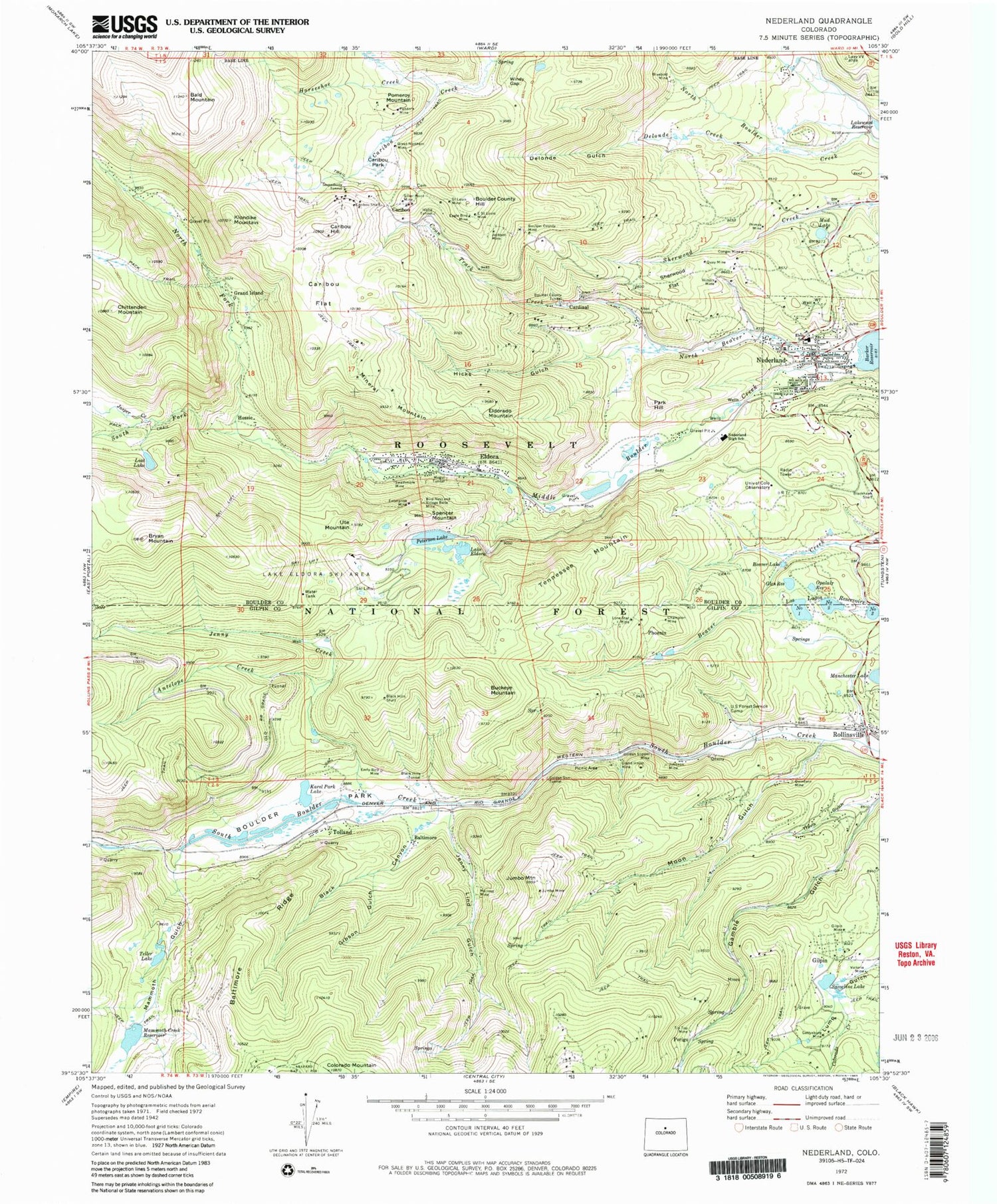 Classic USGS Nederland Colorado 7.5'x7.5' Topo Map Image