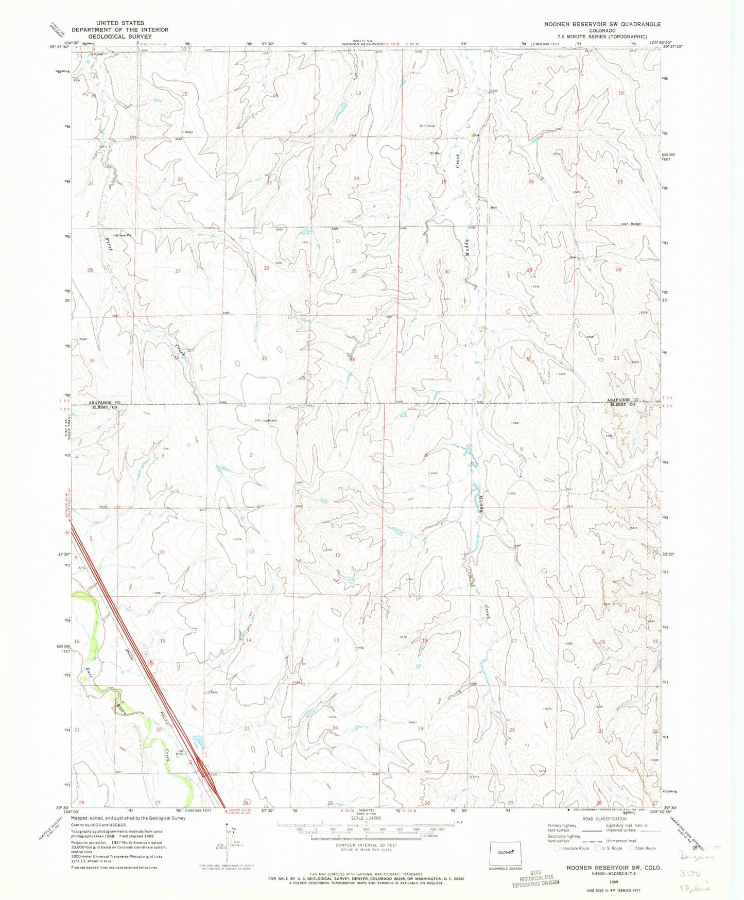 Classic USGS Noonen Reservoir SW Colorado 7.5'x7.5' Topo Map Image