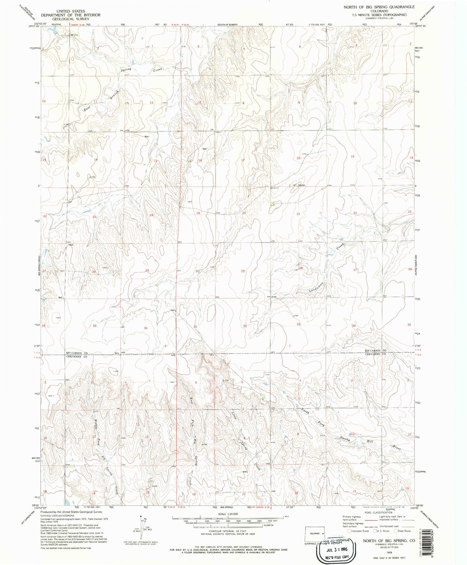 Classic USGS North of Big Spring Colorado 7.5'x7.5' Topo Map Image
