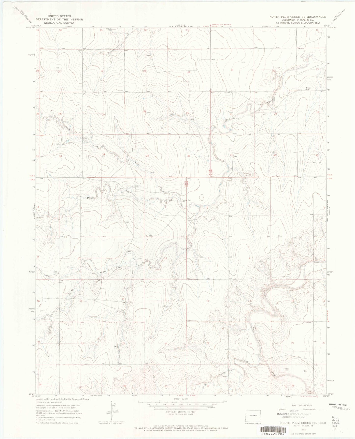 Classic USGS North Plum Creek SE Colorado 7.5'x7.5' Topo Map Image