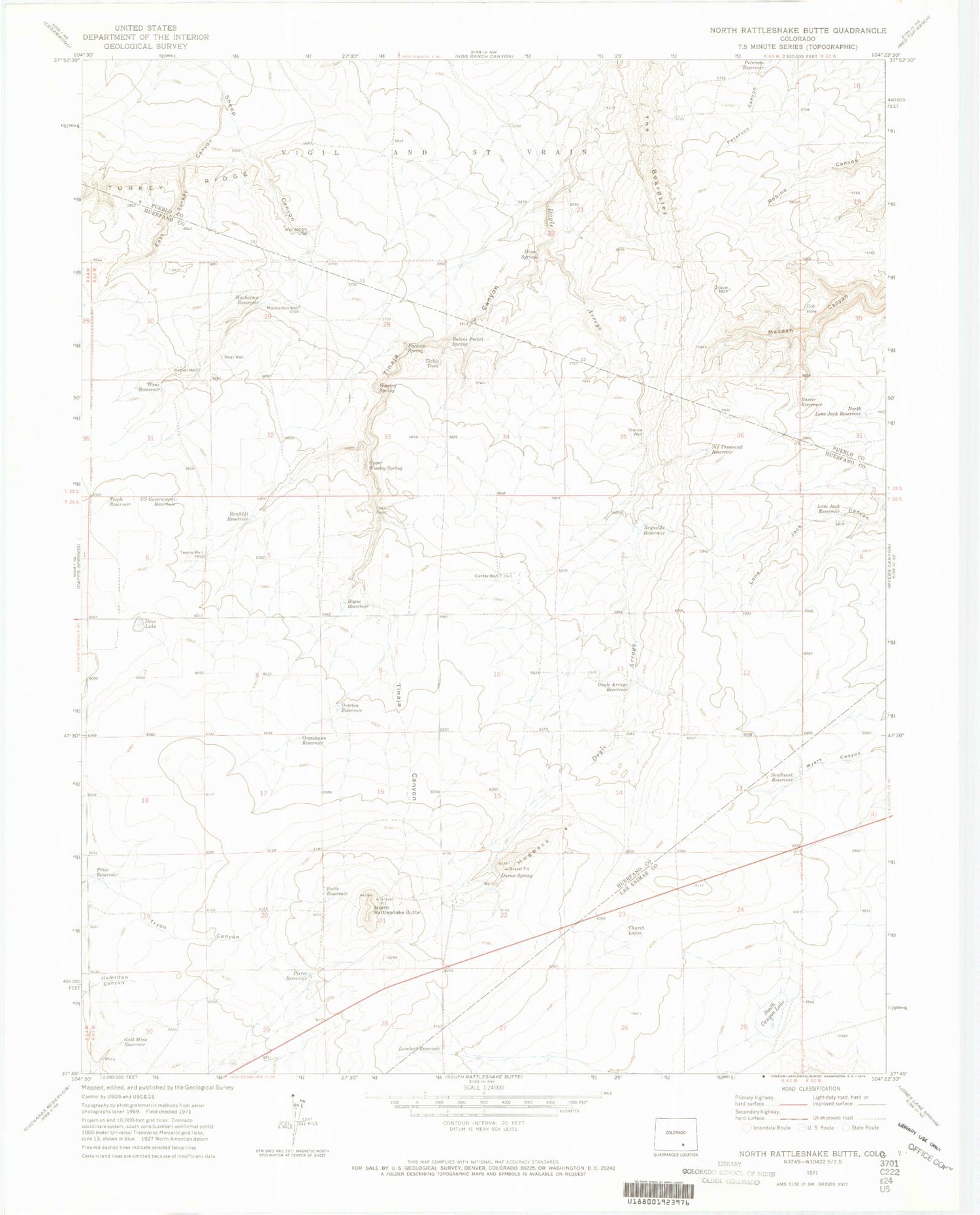 Classic USGS North Rattlesnake Butte Colorado 7.5'x7.5' Topo Map Image