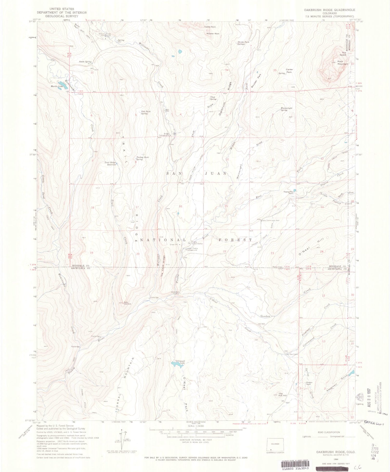 Classic USGS Oakbrush Ridge Colorado 7.5'x7.5' Topo Map Image