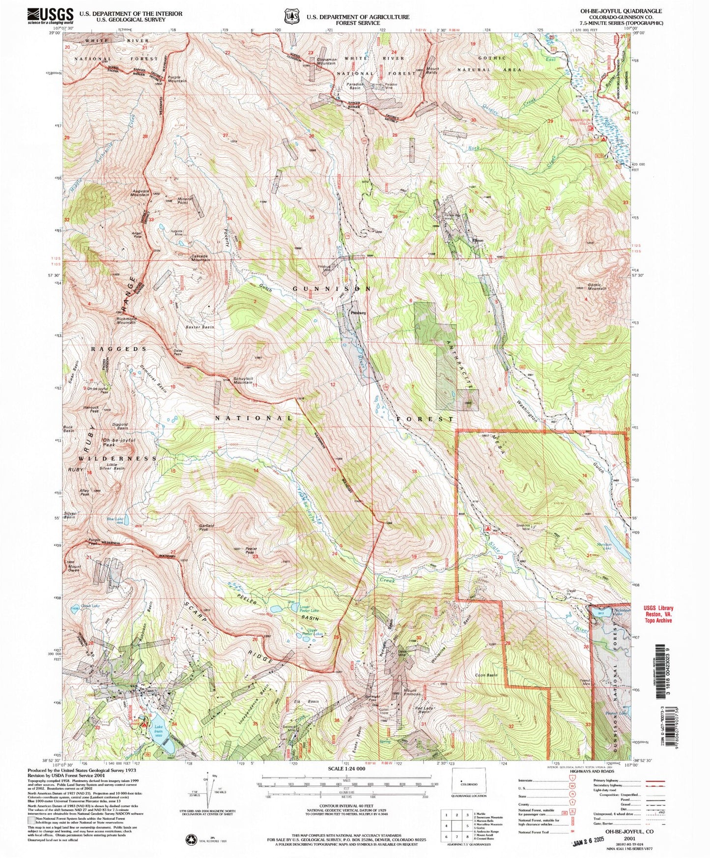 Classic USGS Oh-be-joyful Colorado 7.5'x7.5' Topo Map Image