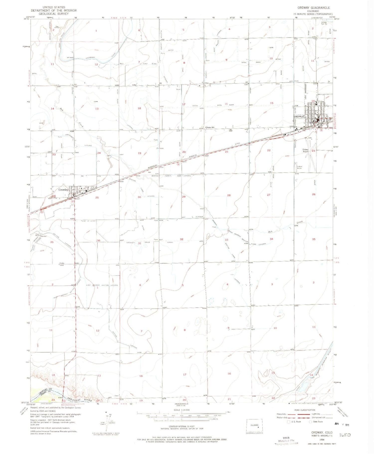 Classic USGS Ordway Colorado 7.5'x7.5' Topo Map Image