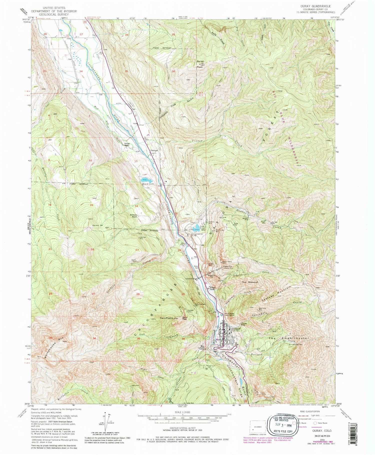 Classic USGS Ouray Colorado 7.5'x7.5' Topo Map Image