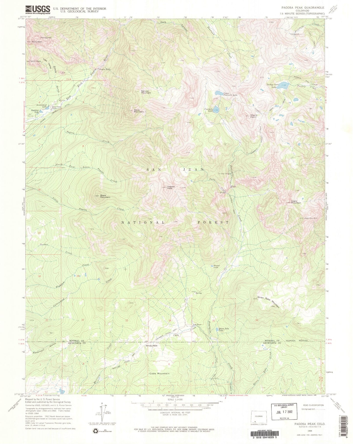 USGS Classic Pagosa Peak Colorado 7.5'x7.5' Topo Map Image