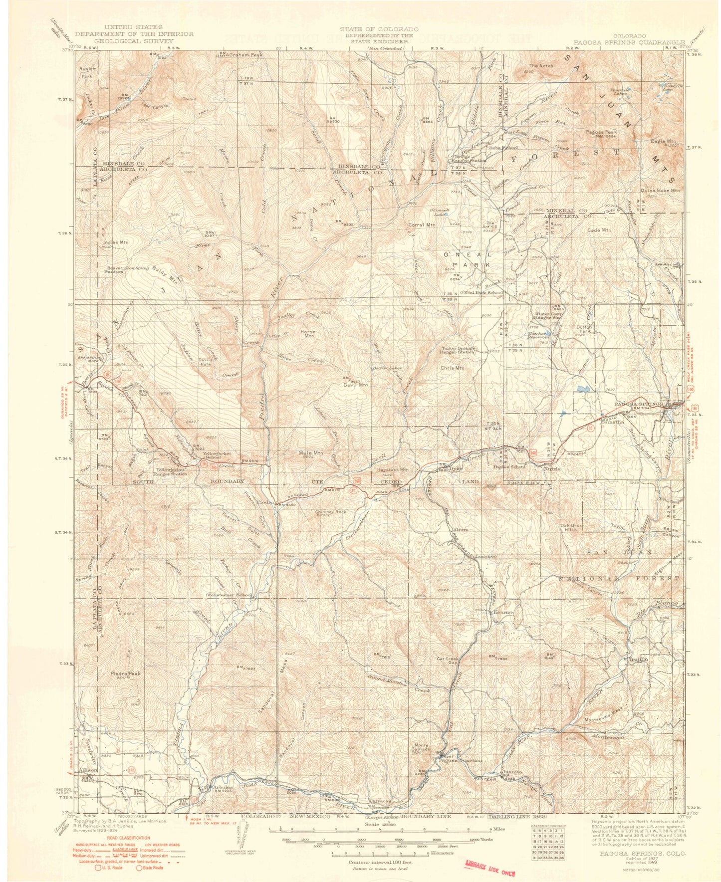 Historic 1927 Pagosa Springs Colorado 30'x30' Topo Map Image