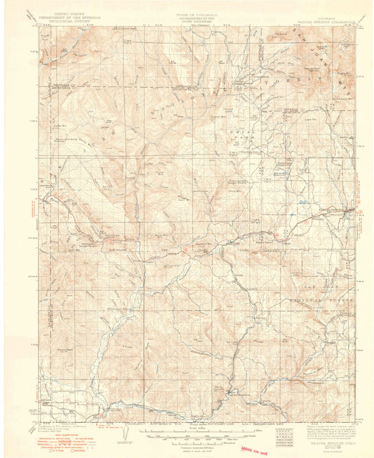 Historic 1927 Pagosa Springs Colorado 30'x30' Topo Map Image
