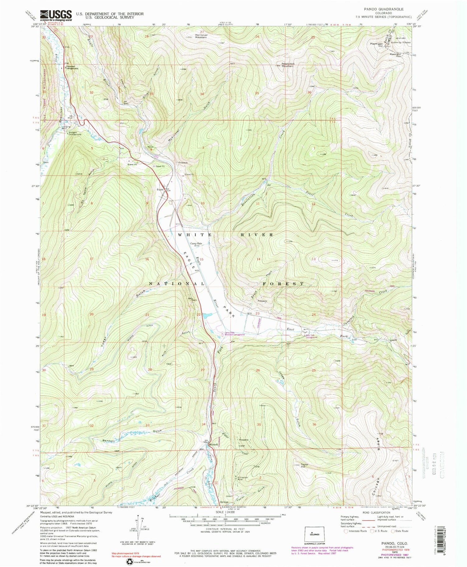 Classic USGS Pando Colorado 7.5'x7.5' Topo Map Image