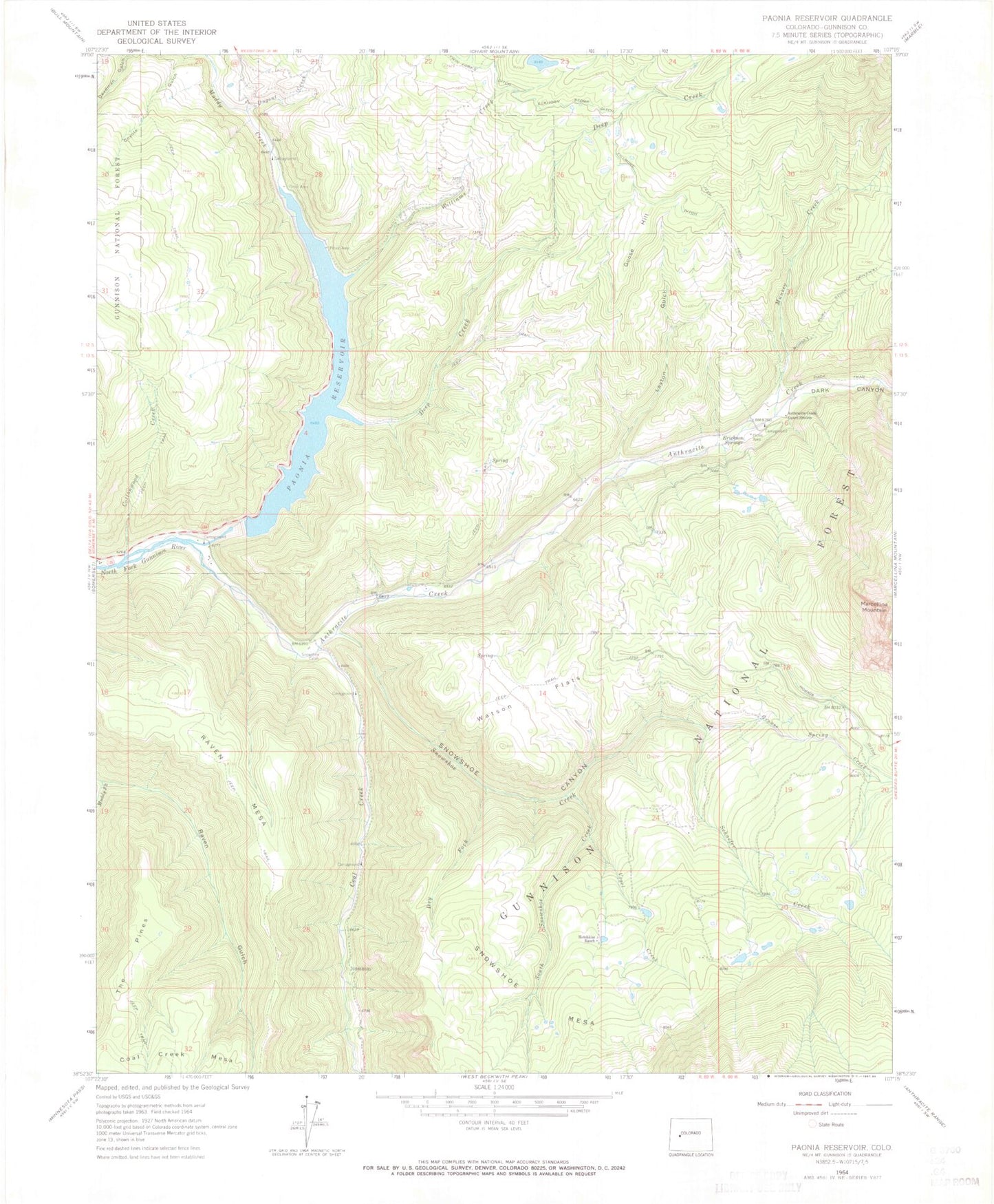 Classic USGS Paonia Reservoir Colorado 7.5'x7.5' Topo Map Image