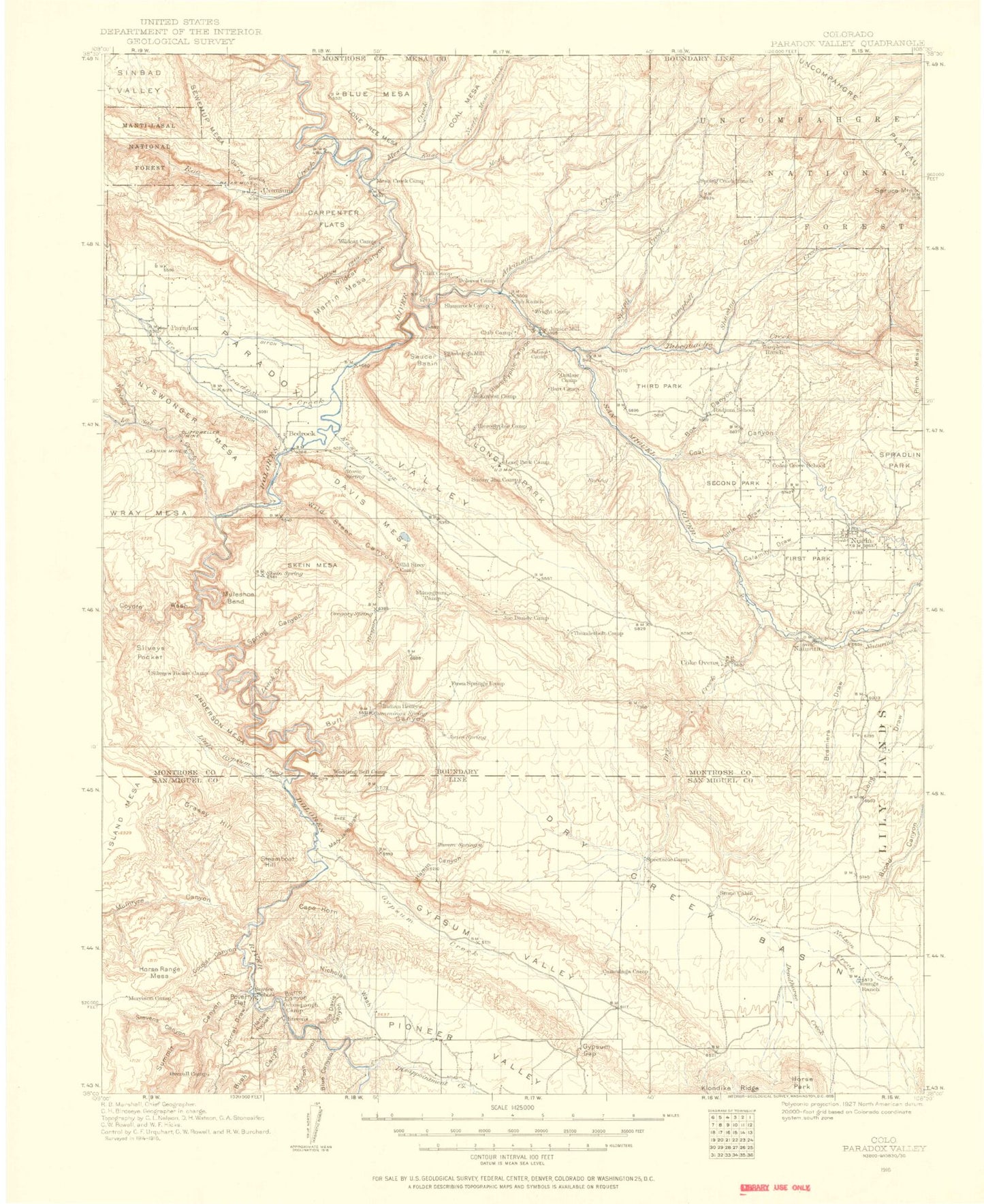Historic 1916 Paradox Valley Colorado 30'x30' Topo Map Image