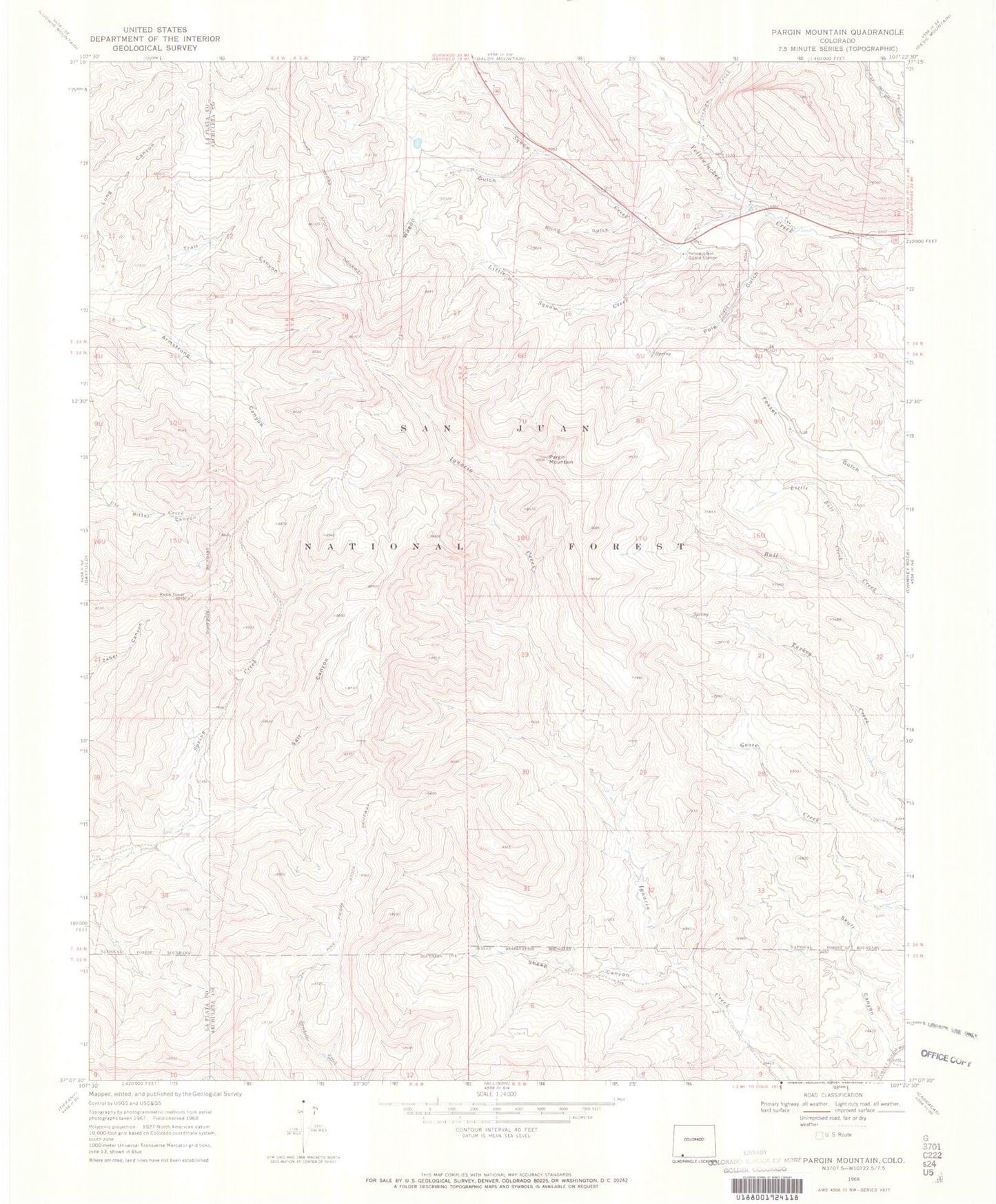 Classic USGS Pargin Mountain Colorado 7.5'x7.5' Topo Map Image
