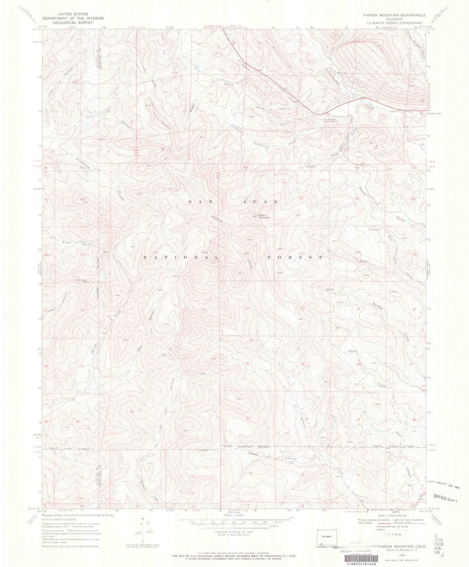 Classic USGS Pargin Mountain Colorado 7.5'x7.5' Topo Map Image