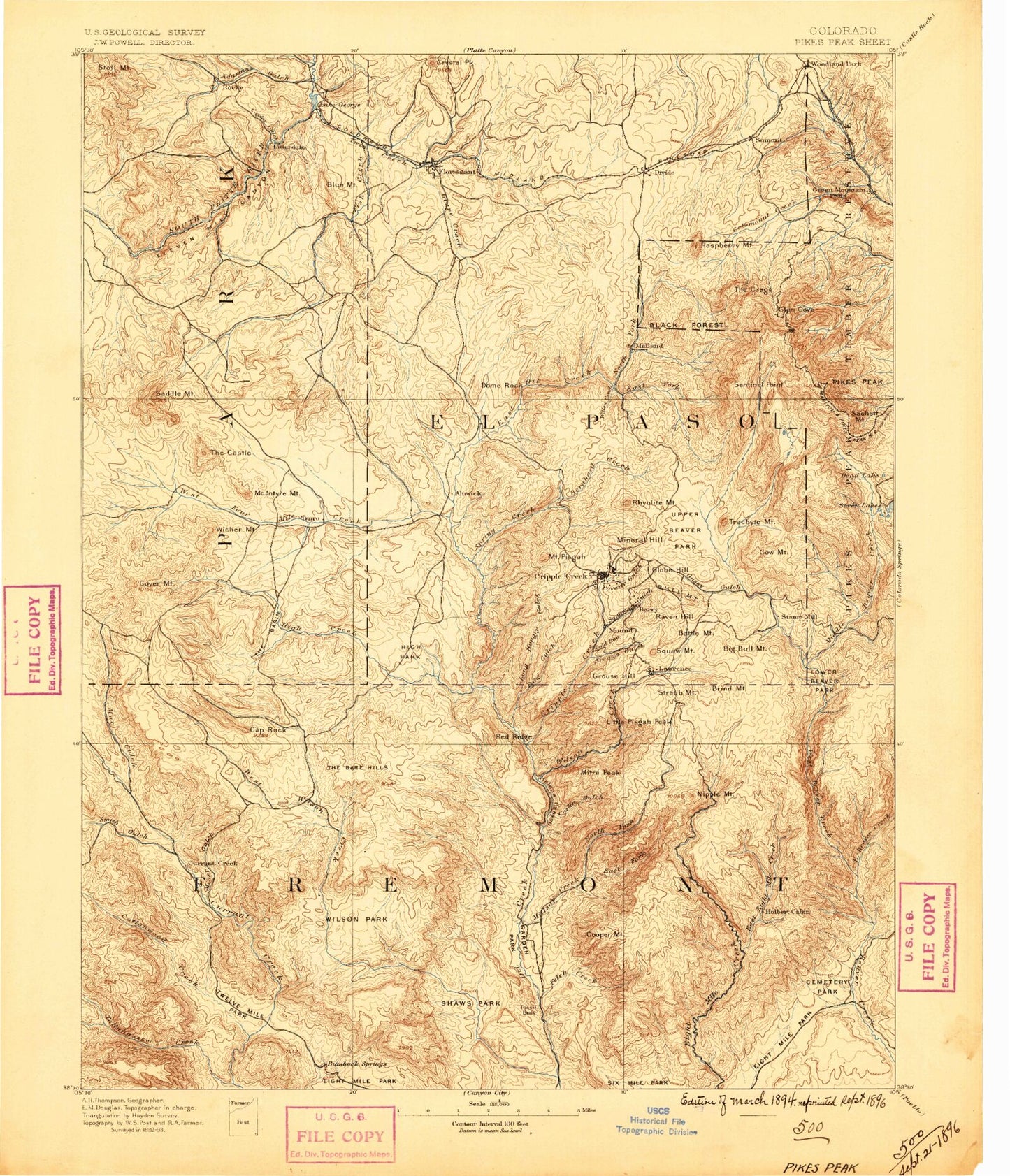 Historic 1894 Pikes Peak Colorado 30'x30' Topo Map Image