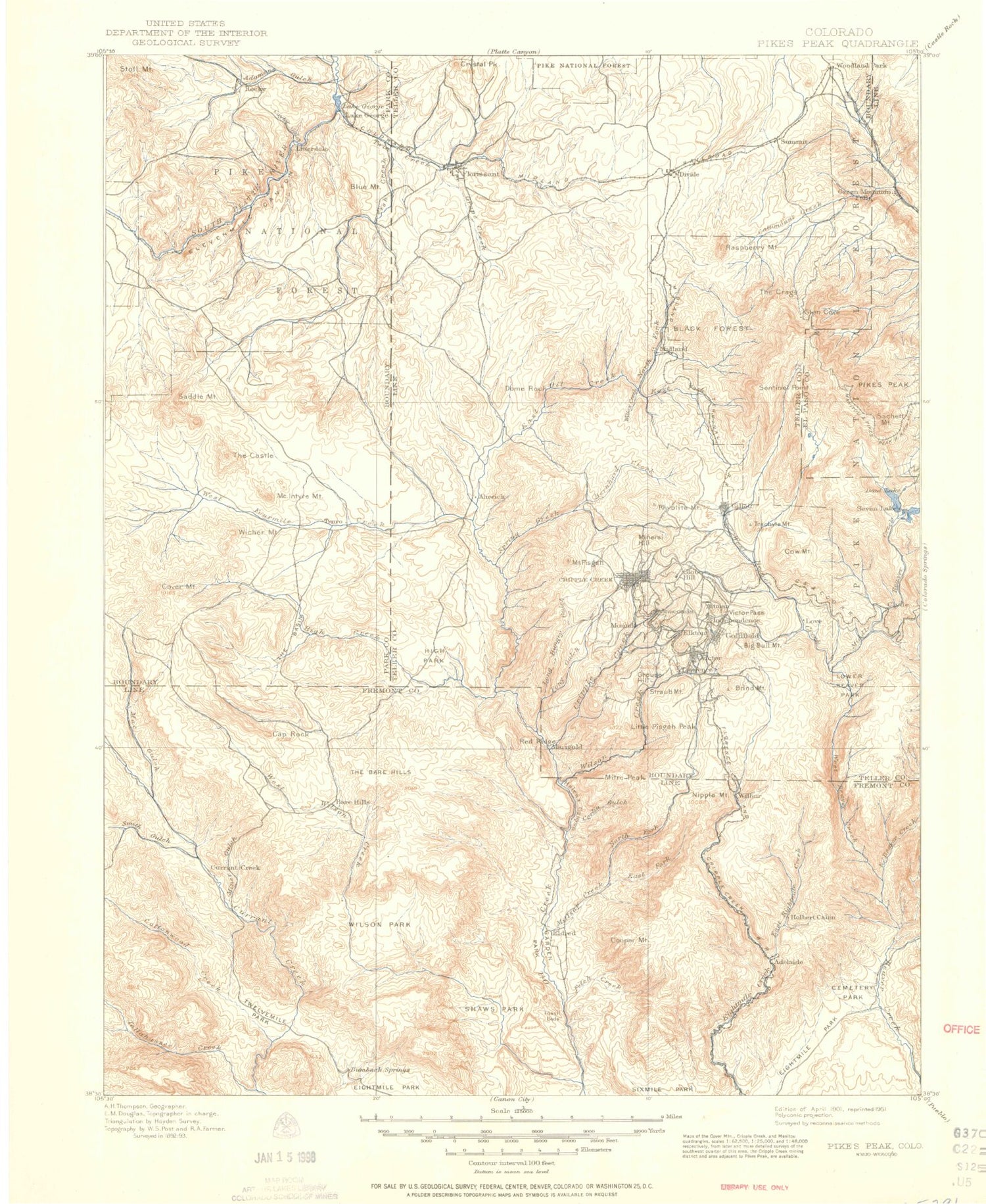 Historic 1901 Pikes Peak Colorado 30'x30' Topo Map Image