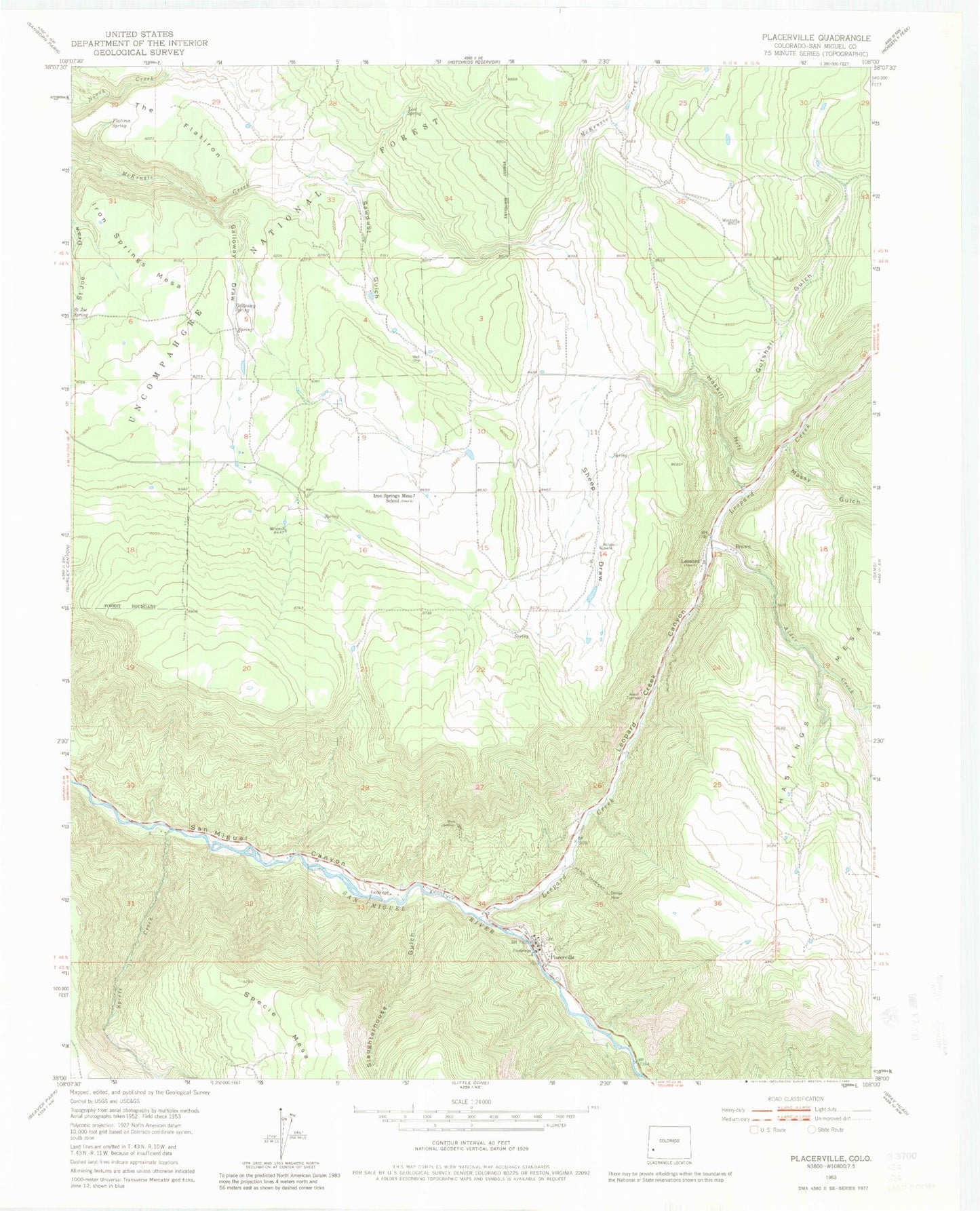 Classic USGS Placerville Colorado 7.5'x7.5' Topo Map Image